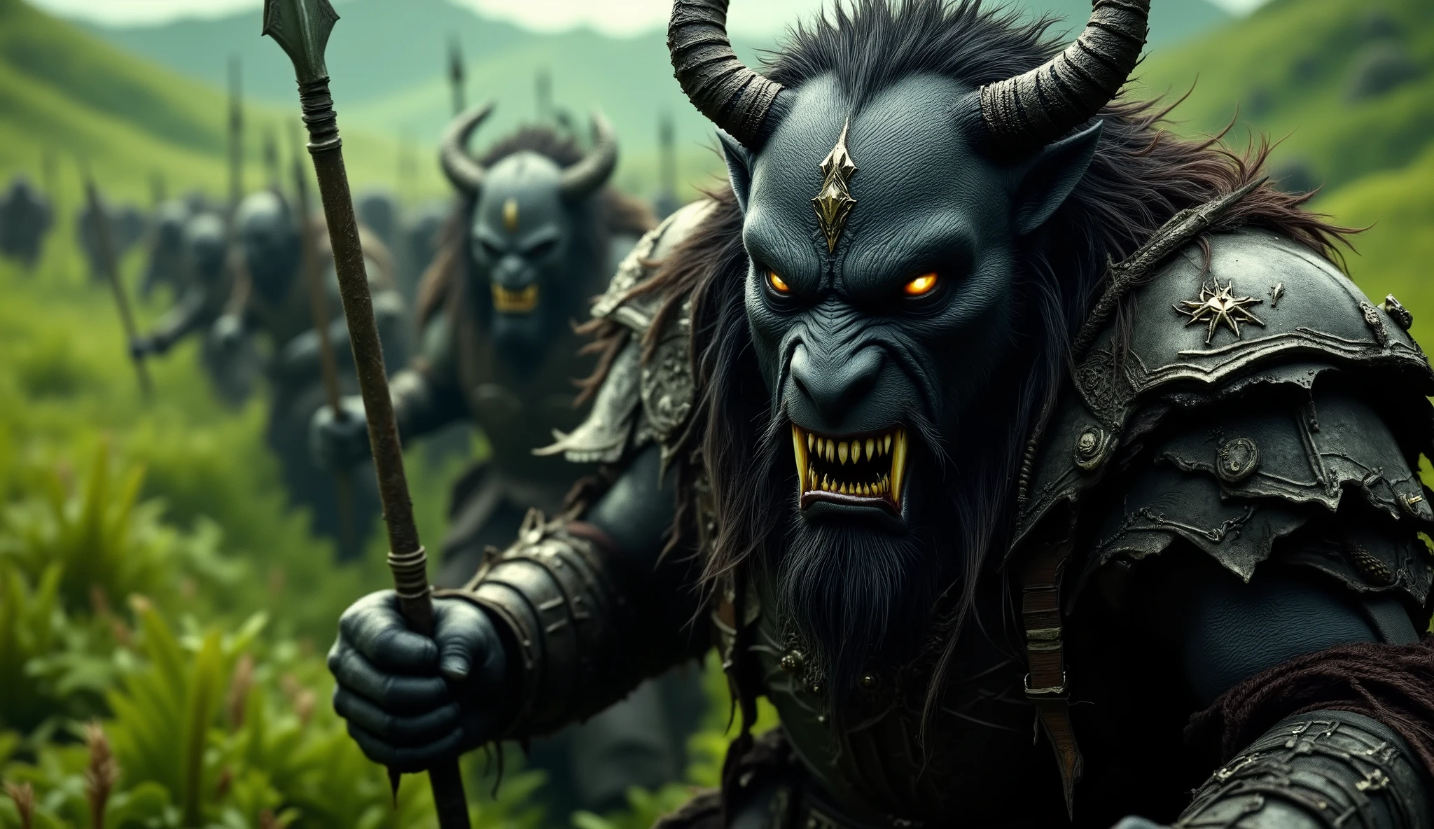 Close up of a woman's face, Waitgoo in 3/4 profile. The face fills the frame. Real life photo, close up, front view, beautiful black-skinned charr in armor facing the viewer with a spear in his hand, other charr warriors standing on either side of him, battle lines, green field, before the battle