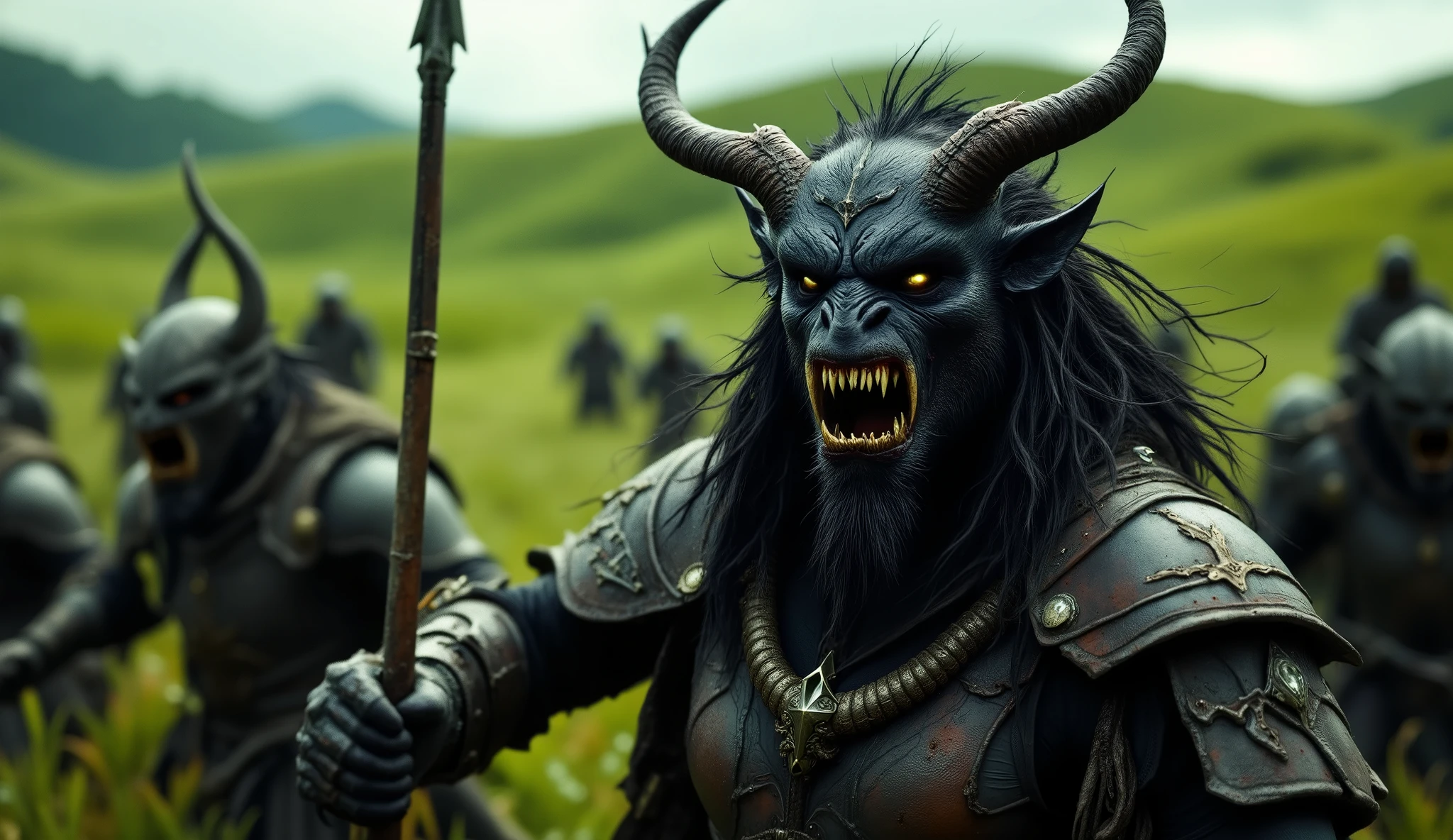 Close up of a woman's face, Waitgoo in 3/4 profile. The face fills the frame. Real life photo, close up, front view, beautiful black-skinned charr in armor facing the viewer with a spear in his hand, other charr warriors standing on either side of him, battle lines, green field, before the battle