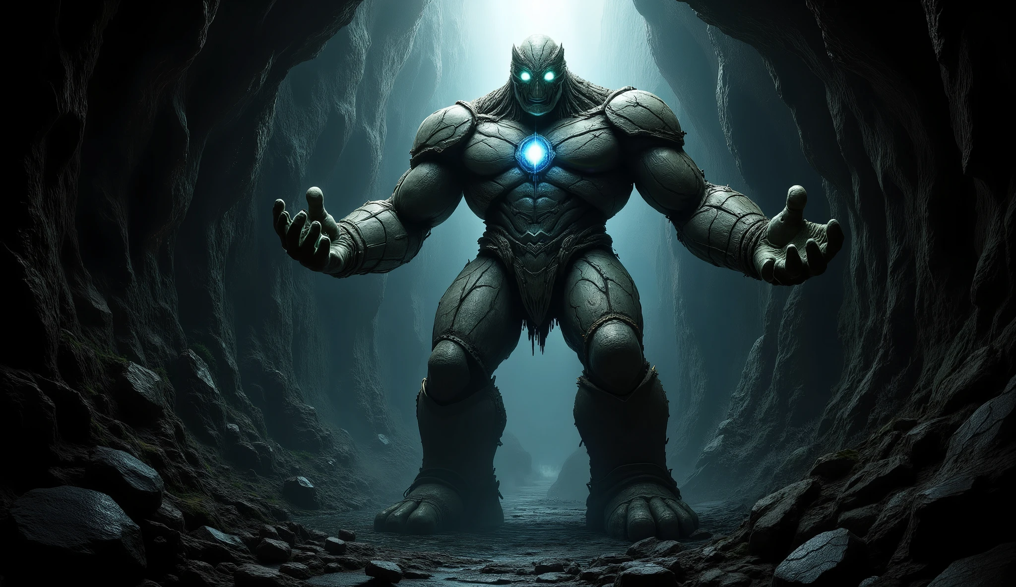 The time point is in the fantasy medieval times. A huge stone golem about 2.5 meters tall stands in the cave. The golem's eyes are shining, and a glowing crystal is on its chest. The golem stands with its hands raised high to show its potent threat, super detailed features, super realistic, dramatic lighting, masterpiece - original style --style raw