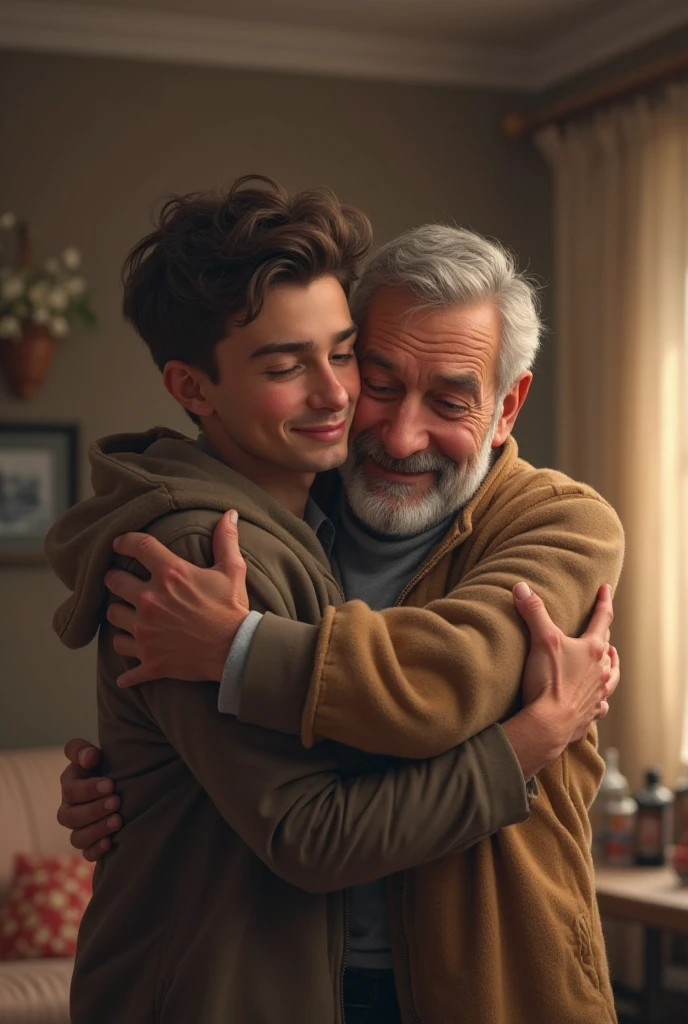 Son Hugging Father
3D render of a tearful embrace between father and son, warm golden light, dust particles in the air, high detail on facial expressions, emotional and heartwarming vibe