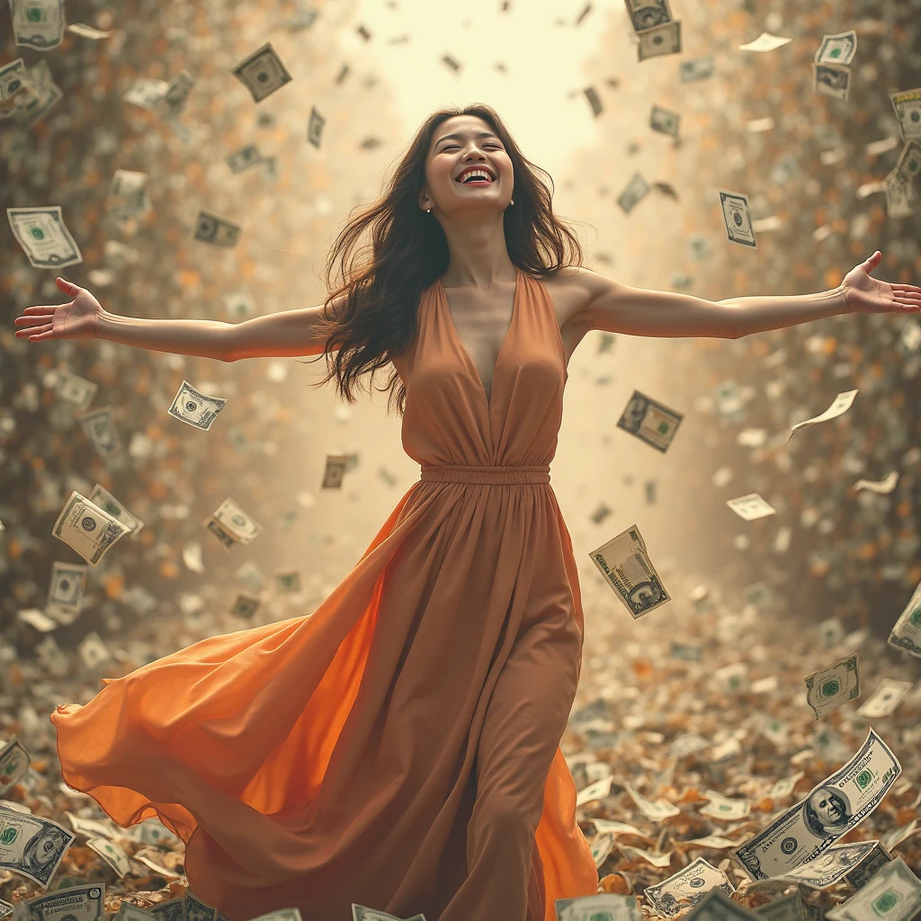 A beautiful French woman smiles happily, looks up, and spreads her arms, waiting to receive money, which is falling from the sky in large amounts. 