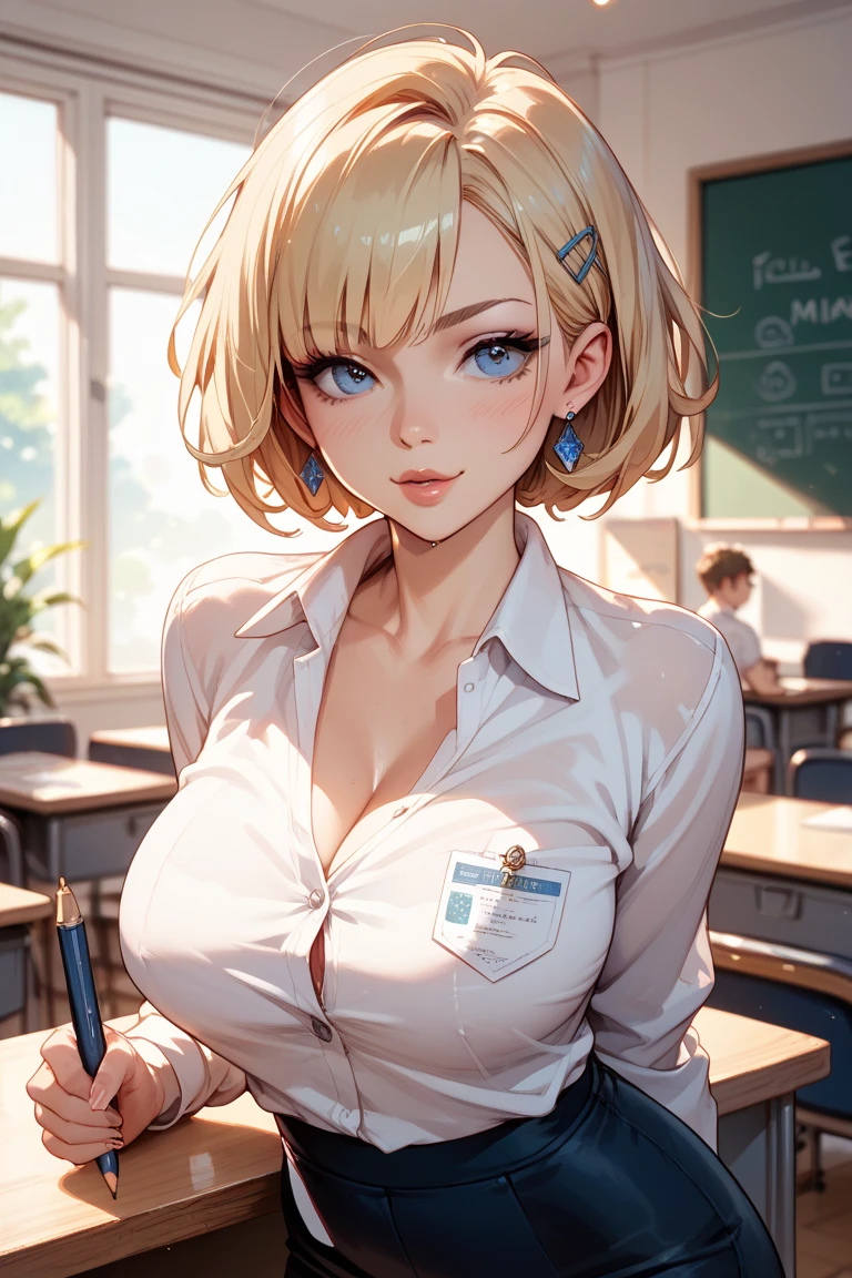 (table top: 1.3), (maximum resolution: 1.2), (Ultra HDTV: 1.2), cinema light, Ultra HDTV, (fine eyes and skin), (detailed facial features), ticker, 8K resolution, sharp focus: 1.2, perfect style, beautiful face, Accurate, anatomically correct, Highly detailed face and skin texture, fine eyes, (light green eyes), double eyelid, thin eyebrows, glitter eyeliner: 1.2, natural cheeks, Glossy skin, Fair skin: 1.2, small shiny necklace and earrings, (glossy lips: 1.4), break, absurd, one person's perspective, (she is high school Teacher), 22 years old, (Wear a front V-shaped open shirt:1.2), (formal jackets, pencil skirt, high heels), (No bra, Bare cleavage:1.2), (enchanting smile: 1.2), (look at the viewer), ((innocent and cute girl:1.3)), (layered hairstyles, smooth hair), (orange hair:1.3), (medium bob hair:1.2), (cowboy shot: 1.2), Focus on the chest and face, ((very close relationship: 1.2)), very big breasts, ((lying on the table:1.4)), ((In school library)), (Head-on:1.2),