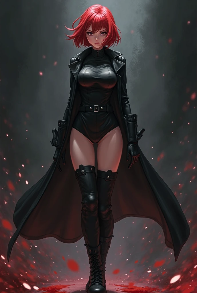 slender woman, thick red painted lips, wearing torn black cape, eye patch, wearing metallic gold futuristic armor suit, red skull scarf, posing with sci-fi rifle, very long black hair, windy desert background , ultra definition, full body focus.