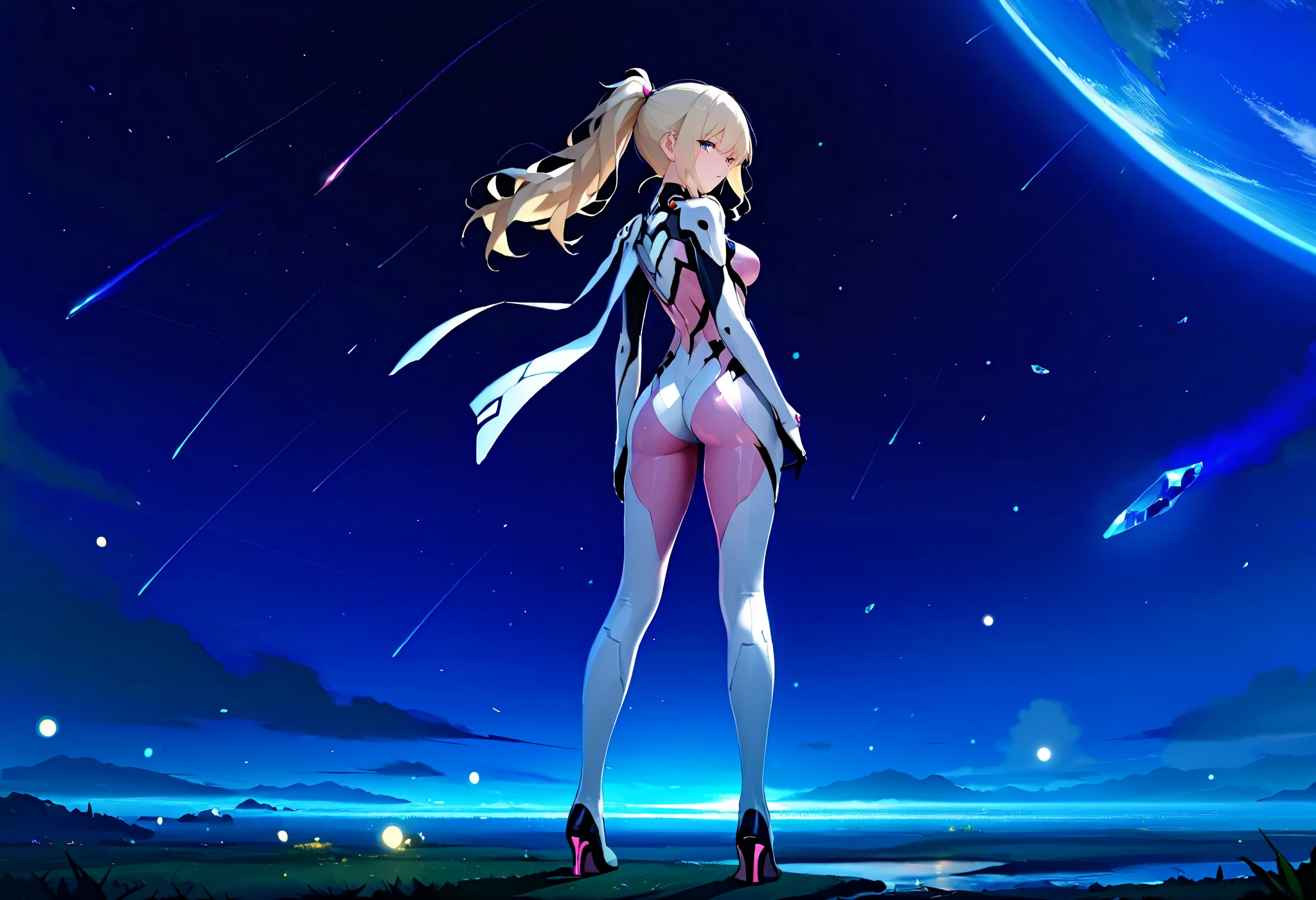 (very detailed CG unity 8k wallpaper, masterpiece, best quality, ultra-detailed), 3D, a beautiful female model, transparent white and pink bodysuit, detailed face, beautiful eyes, full lips, long lashes, flowing hair, elegant pose, Under an empty night sky, by the sea, dramatic lighting, ethereal, Surreal, dreamlike, mist, Fog, shimmer, glowing, planet surface, falling stars, 8k, high-quality, cinematic, masterpiece, full body, back view, looking at viewer, ass, 1girl, slim, lean and toned body, medium breasts, wide hips, fair skin, long wavy hair, blonde hair, ponytail, bangs, crystal blue eyes, stern expression, faint scar on left eyebrow, white and pink plug suit, skintight bodysuit, standing, sci-fi armor on shoulders, sci-fi armored spine, heels
