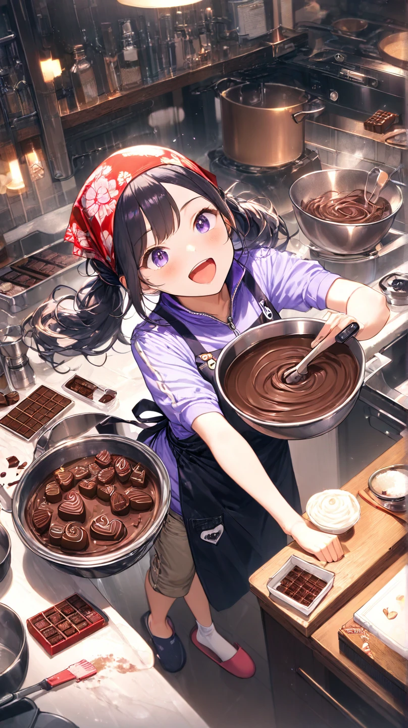 ((chocolate sweets)), in the kicking, ((Arrange beautiful chocolates)) (a black hair long straight hair femdom girl, 17 yo, beauty red eyes, best smile, ((big breasts)), eating chocolate, in a Elegant apron), beauty chocolate sweets on the table, break, perfect anatomy, masterpiece:1.2, best quality, 8k, beautiful detailed grow, daydreaming expression.