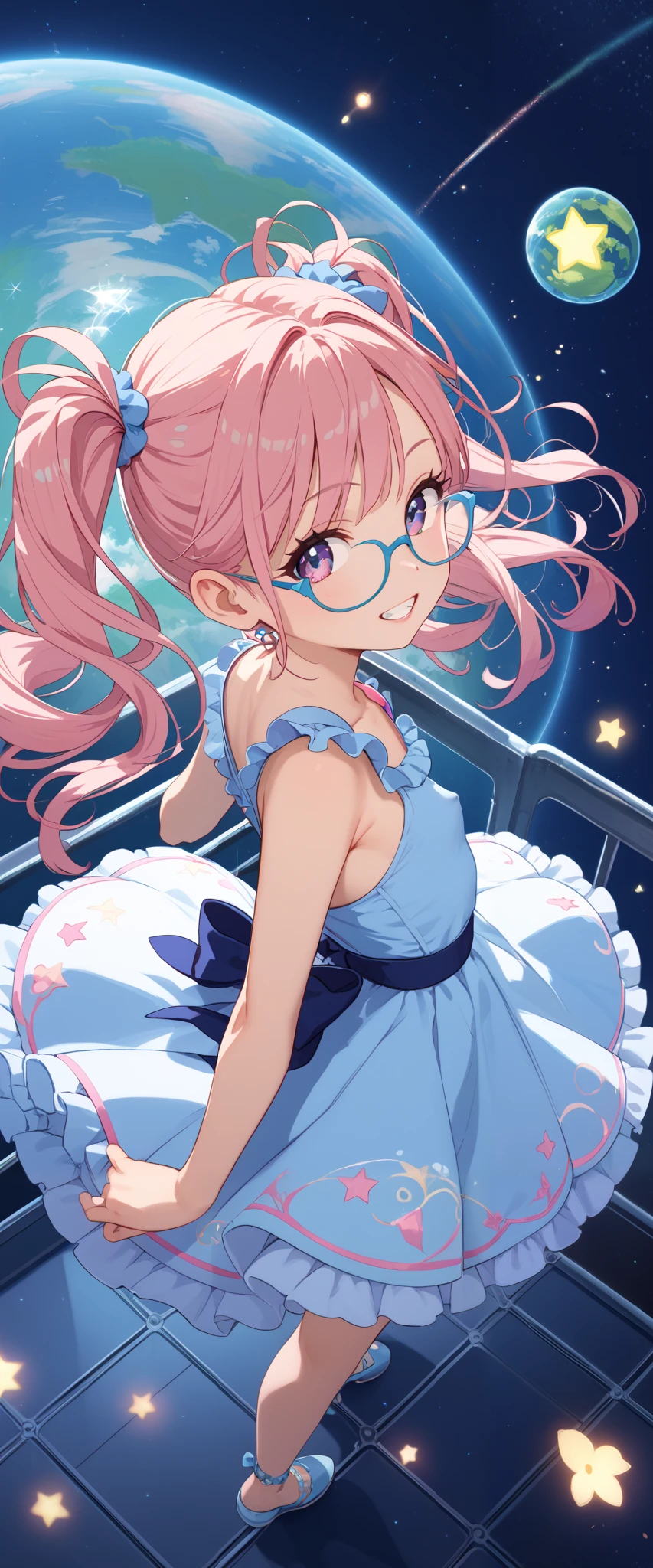 NSFW, ((masterpiece, best quality, extremely detailed, absurdres)), anime style, 1girl, cute, moe, She wears clear glasses and a cold mask, pink hair, white flower hair accessory, cute girl, Braided short cut, one-piece pie with hand, loves milky pie, soft lighting, detailed face, pastel colors, outdoors (background is paradise galaxy:1.3), sunlight, floral elements, moe anime charactor, --1girl, --cute, --moe, --pink hair, --milky pie, --one-piece pie, --glasses, --cold Mask,--anime charactor, --paradise galaxy, --sexy