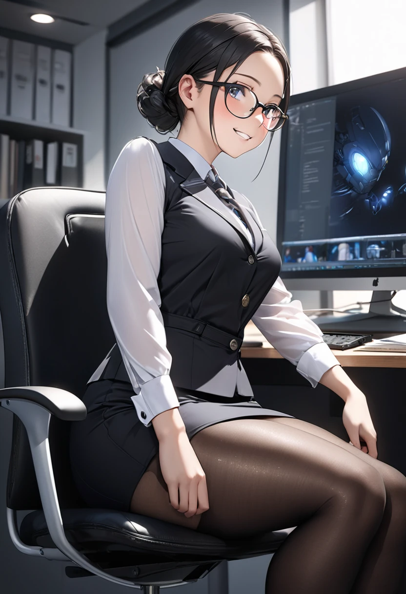 Il y a une femme adulte avec des lunettes , dans son bureau, dit in front of her computer , working girl, office girl, chemisier rouge, soutien gorge visible sous le chemisier , long black skirt, cat ears, white stockings, Dark and purple hair, cheveux noirs et mèches violettes, oreilles de chat sur la tête, belle poitrine , Décolleté important, Avatar de seconde vie, Belle capture d’écran, charme , Seconde vie, Plan rapproché entre les jambes , femme séduisante, portant des lunettes noires brillantes