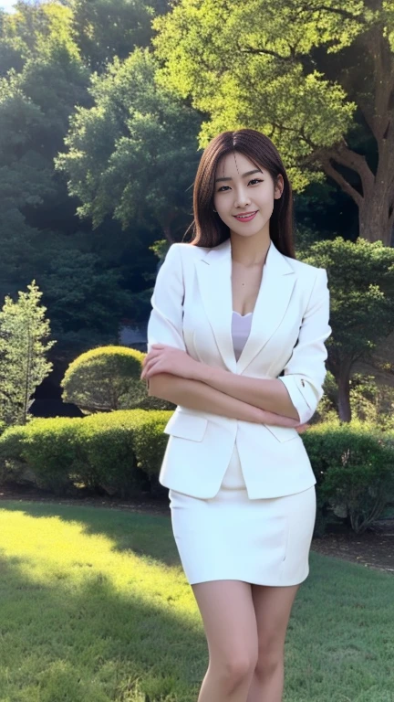 8K, highest resolution, Wore a strict black business suit ,  Japanese woman standing ,  full-body image of a Japanese woman in an empty park , wearing a strict white business suit, I'm wearing a white very short skirt, I'm wearing white ankle strap pumps,  I'm smiling , A Japanese woman with a clean face, The eyes of the audience ,  pretty and pretty eyes , Beautiful Legs, beautiful face, My hands are crossed behind my back 