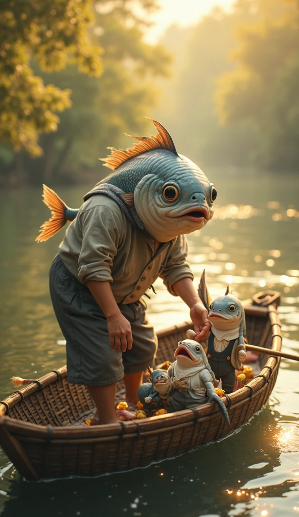 Fish people are fishing from a dock, fishing rods and bait buckets, they are dressed country with blue jean shorts and colorful ball caps. They are catching fish sized naked people from the lake on their fishing lines and posing for photographs holding up their catches
