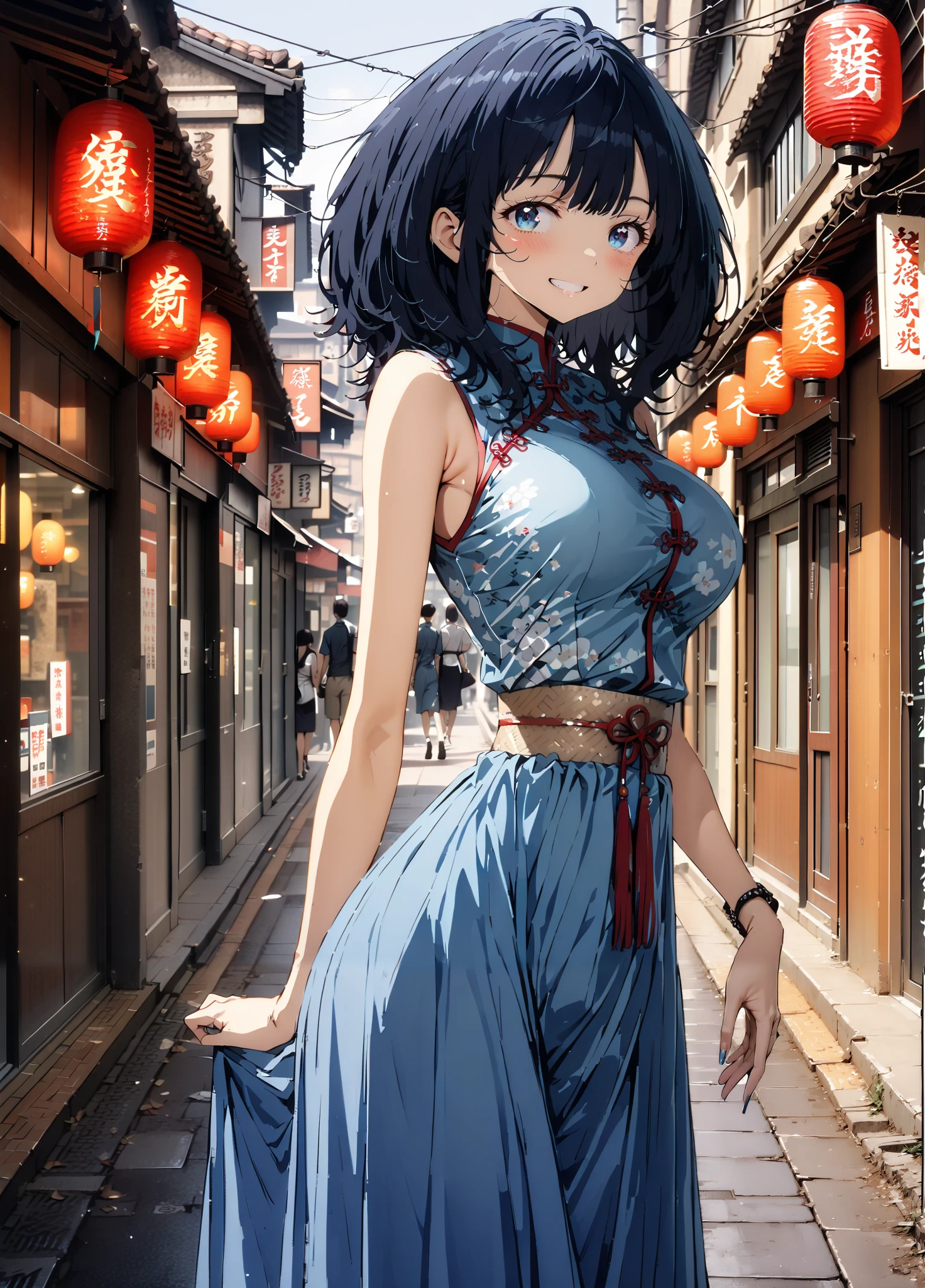 score_9, score_8_up, score_7_up, source_anime, Anayanami , medium hair, blue eyes, stupid hair, Lantern, medium chest, skirt, shirt, Big Breasts,Blue sleeveless Chinese clothes,Long slit,pin heels,standing,Put your hands on your lower back,smile,blush, grin ,China, beautiful scenery,Beautiful cityscape,standing,full bodyがイラストに入るように, break outdoors, Chinatown,
break looking at viewer,full body,
break (masterpiece:1.2),highest quality , kampala, Unity 8K Wallpaper ,(shape:0.8),( fine, beautiful eyes :1.6),It's a person ,full body写真,CG Details , (perfect hands, complete anatomy),