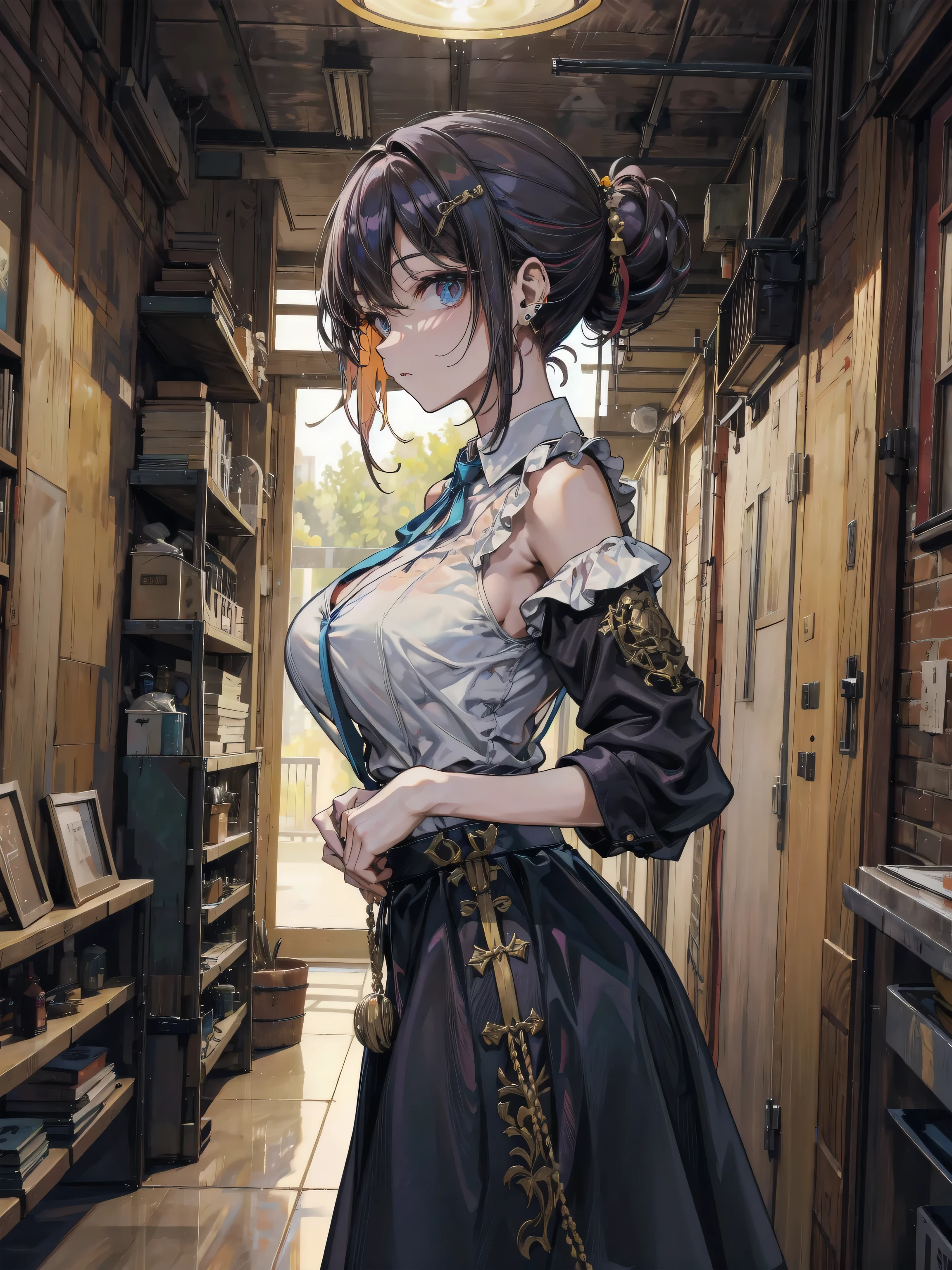 (masterpiece:1.6、Top quality)、(beautiful eyes: 1.2)、(Overlooking)、high quality、Pretty Face、1 girl、leather body suit、Oversized leather jacket, huge山雀, long, Wide hips, (side, ), street, background, 详细background,Creepy smile、A smile appeared at the corner of his mouth、Long Court、shirt、tie、OL、、Brown hair,huge , Crazy breast swelling, Chest larger than shoulder blades, Big breasts and thin waist,(huge breasts:1.2),Hydrated skin((rogue))((非常huge乳房)),((Grooves reveal original skin))