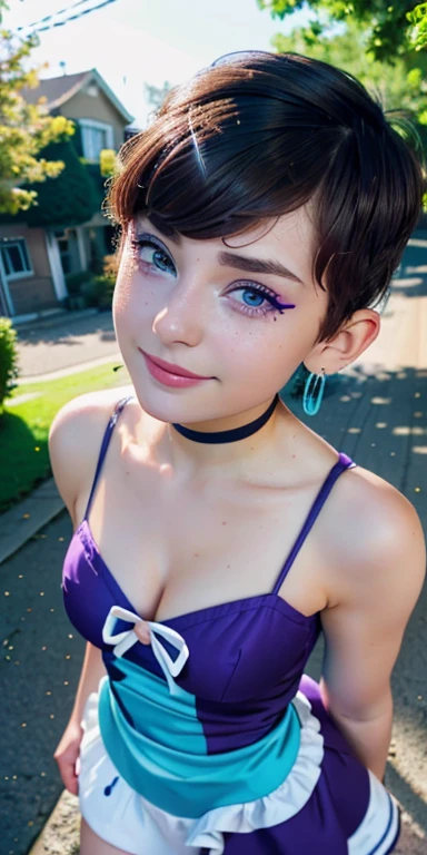 1Girl, Purple Hair, Solo, Purple irises /(eyes/), Earrings, Light Purple Shirt, Lips, Small-Medium Bosom, Jewelry, Freckles Under Eye, Upper Body, Lipstick, Looking At Viewer, Belt, Parted Lips, Realistic, Short Hair, Gloves, Cotton Blouse