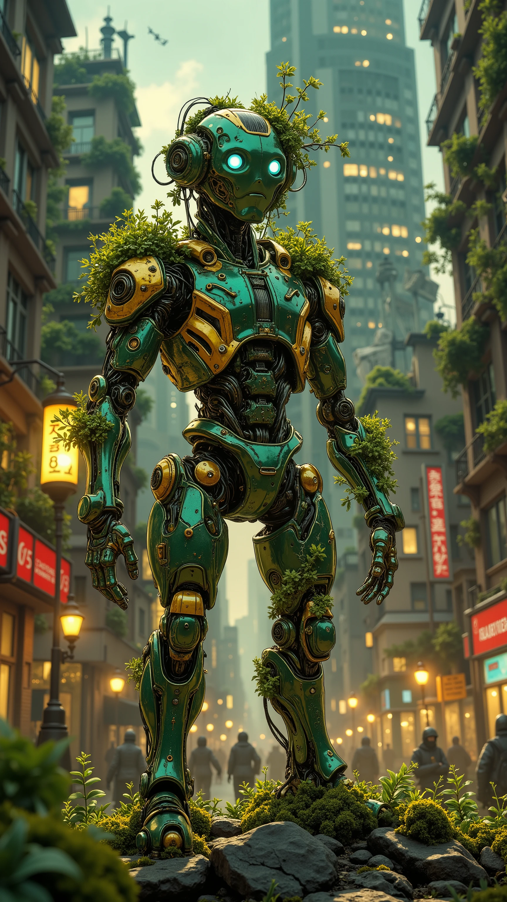 A small robot Solarpunk approximately 1 meter tall. Its design is elegant and sustainable, made of recyclable and biometallic materials with details in vibrant green and gold. Its eyes shine softly with a bluish light, transmitting curiosity and intelligence. Its body has solar panels embedded in its back and arms, allowing it to feed itself with renewable energy. Its joints are flexible and well designed, recalling the fluidity of human movements,  but with a futuristic touch . He shows small plants and mosses growing in strategic cavities of the body, reinforcing the fusion between technology and nature. The background is a utopian punk solar environment, with skyscrapers covered with vegetation, wind turbines and streets illuminated by solar energy