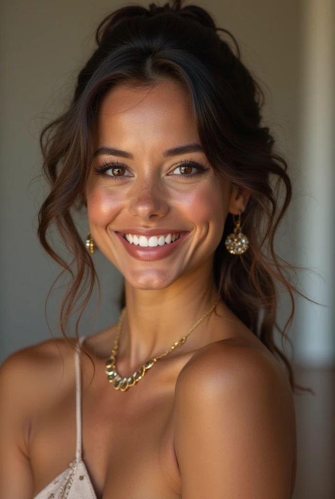 20 year old woman, instagram influencer, white skin with freckles, smile of frank happiness, blue eyes, with a beautiful elegant black dress, with gold accessories and precious stones, at a fancy party with a band playing in the background.