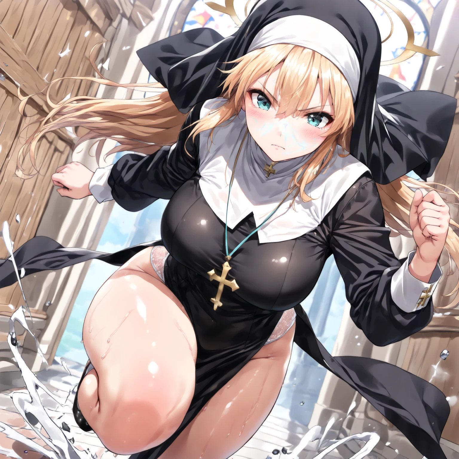 (masterpiece, best quality:1.2),  solo,(1 female,Nun),(Bound by ropes:1.7)(Hanged in mid air by ropes),sweating skin,(Open pose:1.7),(hair over one eye, wet hair),(Ahegao:1.4),(In the prison:1.7)