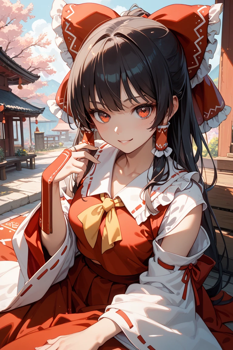 gorgoeous woman, hakurei reimu, teasing look, looking at viewer, blushing face, heart in eyes, high quality, 4k