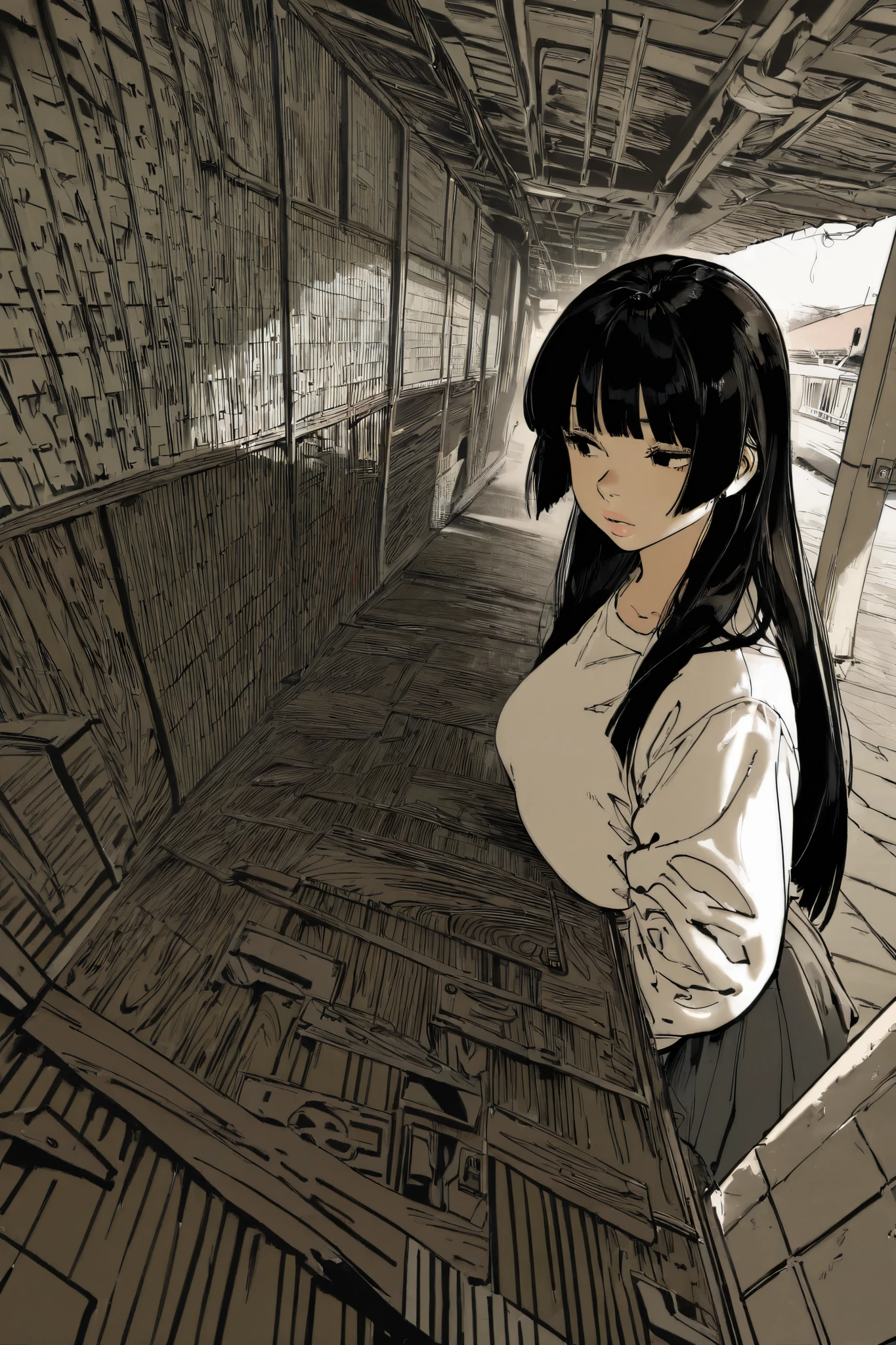 HDR, 8K, high contrast, masterpiece, best quality, amazing quality, very aesthetic, anime artstyle, realistic, newest,
BREAK
bounce light, hyperdetailed, detailed hair strands, detailed fibers,
masterpiece, semi-realism, monochrome, manga, inking, detailed, hyperdetailed,
detailed background, foreshortening, perspective, dynamic angle, very aesthetic, 1girl, standing in station, rounded face, plump lips, realistic proportions, black eyes, hime cut, white shirt, looking to side, 1 point perspective, Japanese signs, japanese street