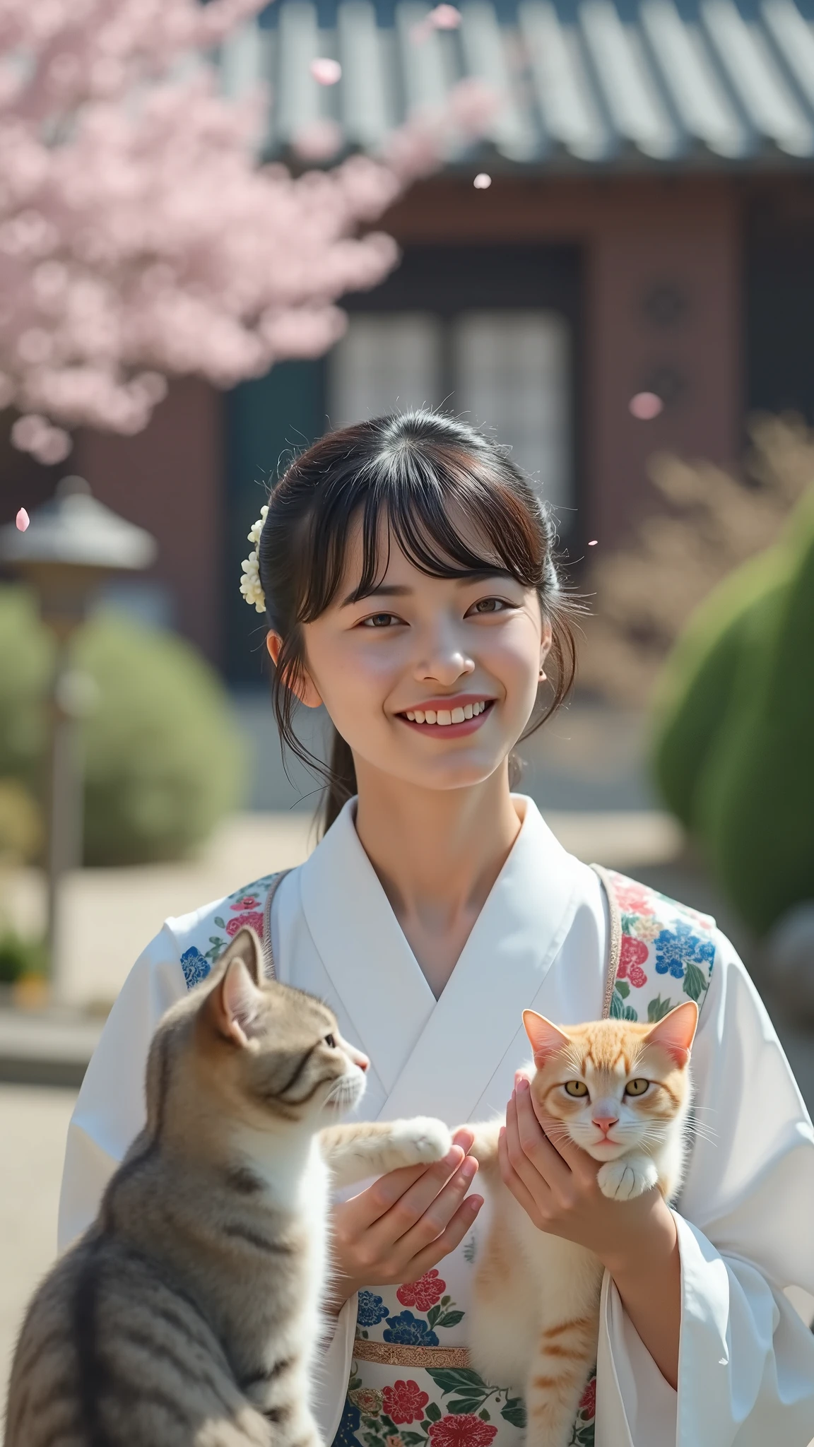 Photorealistic Images。A woman dressed in traditional Japanese clothes、is playing with cats in an ancient city garden where cherry blossom petals dance。has an old-fashioned tea room in the background、has stone lanterns arranged。soft light during the day illuminates the scene。High Precision、Precise footage、A picture that looks like a scene from a movie。smiles,High Resolution, masterpiece, anatomically correct, close-up,