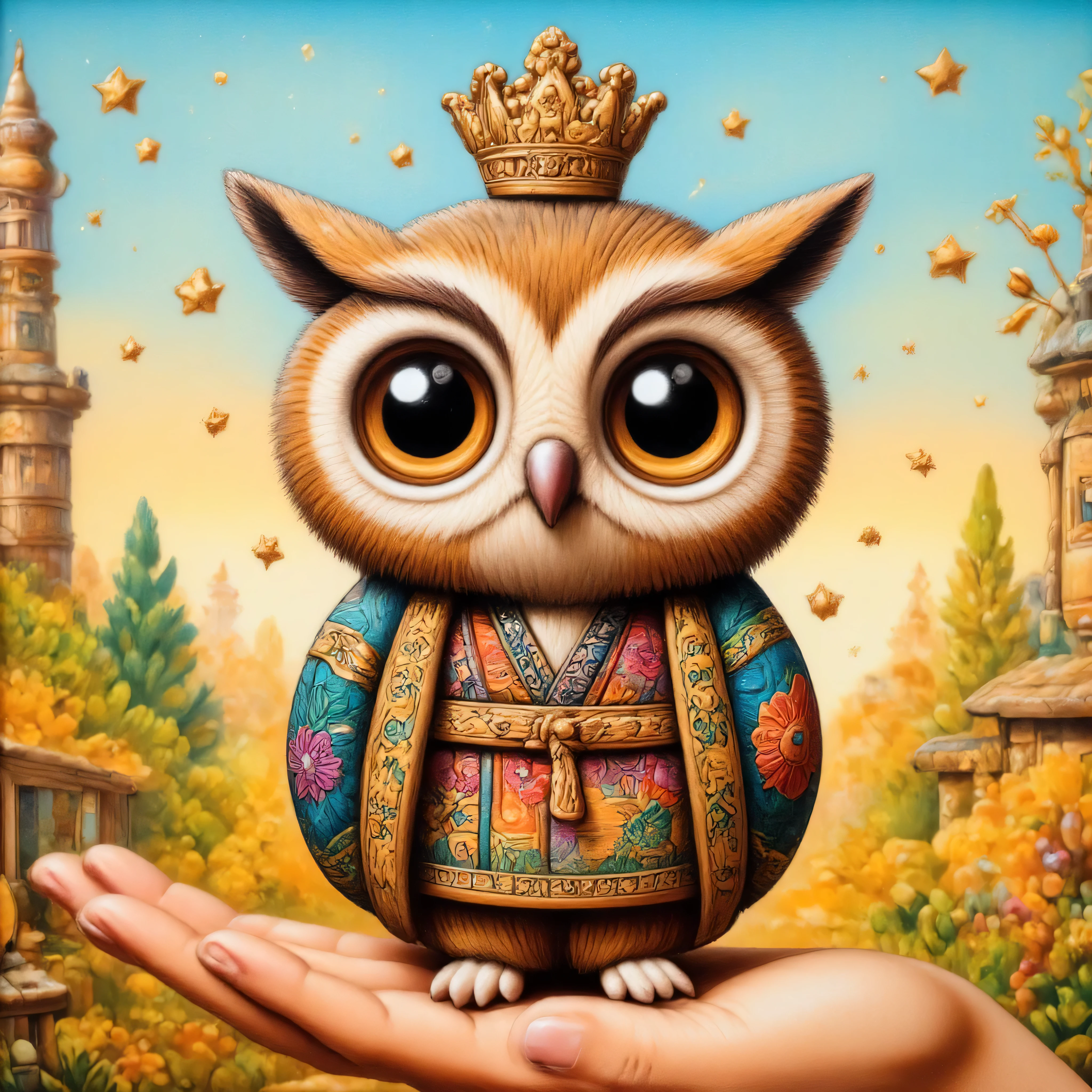 A miniature cute owl wearing a traditional Pakistani taj (crown) and colorful embroidered clothes,perched delicately on a human hand. The background is blurred with a warm yellow glow transitioning into a soft blue sky, creating a serene and magical ambiance. The owl appears regal and adorable, with intricate high-details in its attire adding charm and elegance to the scene.