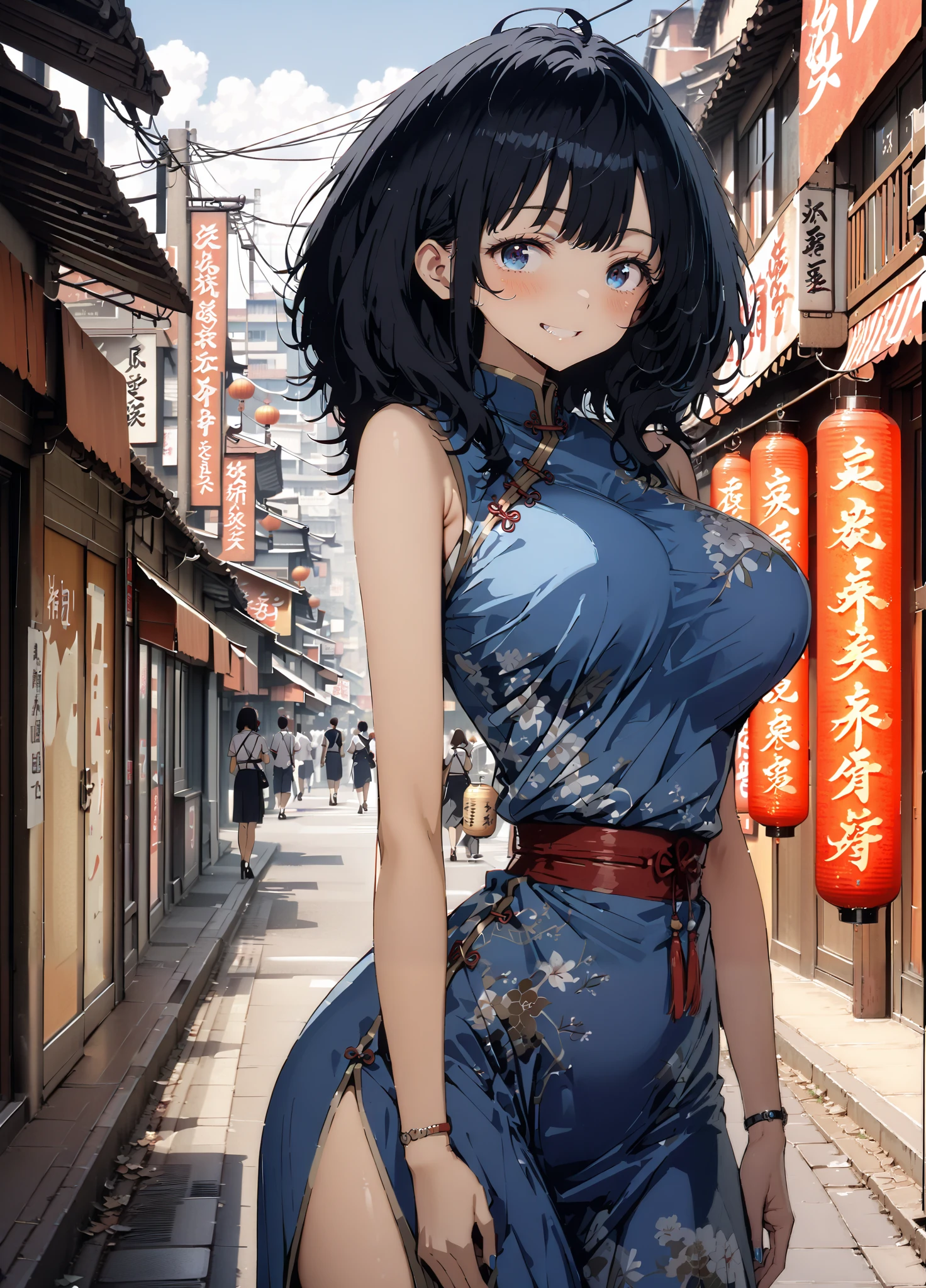 score_9, score_8_up, score_7_up, source_anime, Anayanami , medium hair, blue eyes, stupid hair, Lantern, medium chest, skirt, shirt, Big Breasts,Blue sleeveless Chinese clothes,Long slit,pin heels,standing,Put your hands on your lower back,smile,blush, grin ,China, beautiful scenery,Beautiful cityscape,standing,full bodyがイラストに入るように, break outdoors, Chinatown,
break looking at viewer,full body,
break (masterpiece:1.2),highest quality , kampala, Unity 8K Wallpaper ,(shape:0.8),( fine, beautiful eyes :1.6),It's a person ,full body写真,CG Details , (perfect hands, complete anatomy),