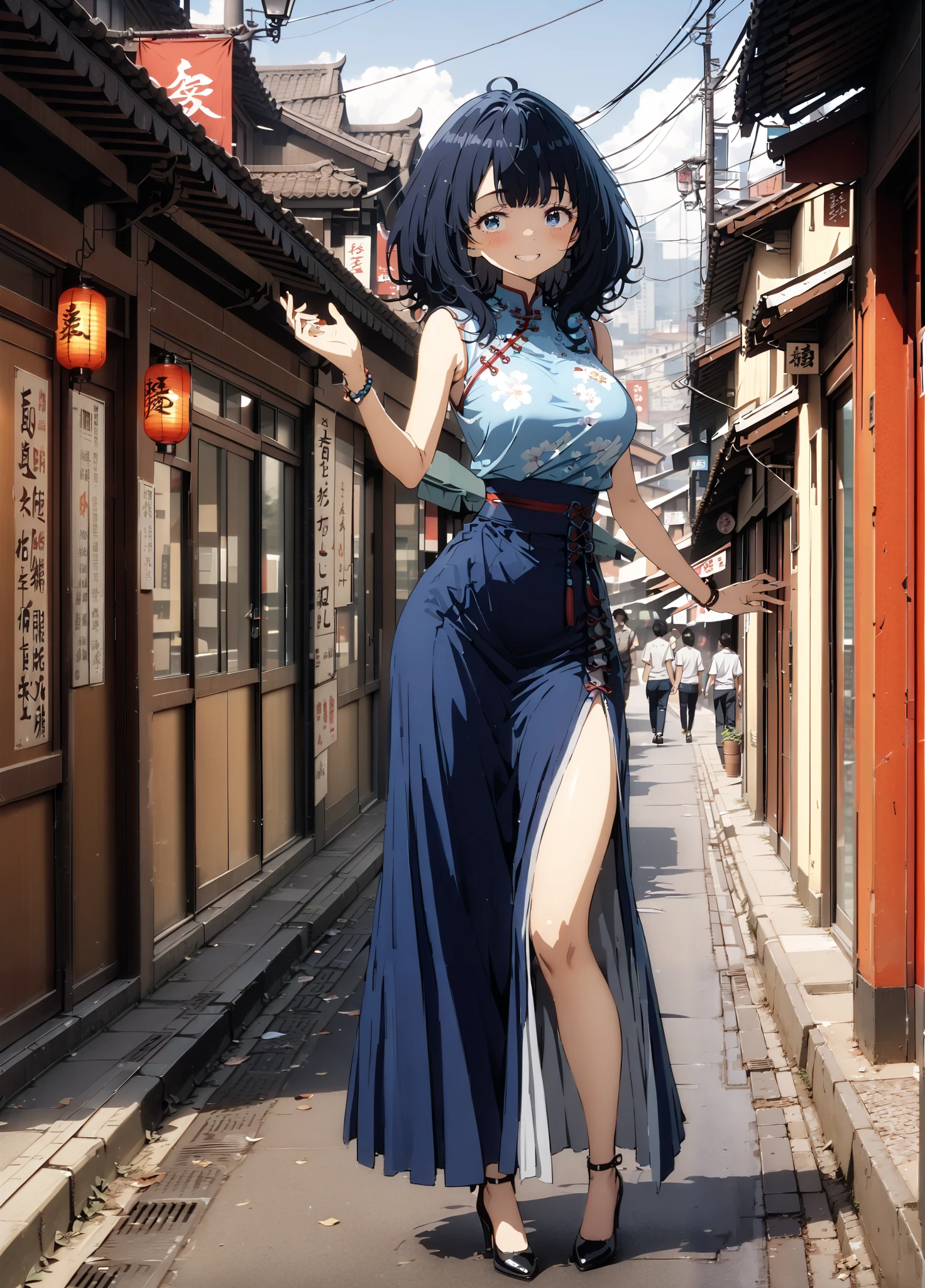 score_9, score_8_up, score_7_up, source_anime, Anayanami , medium hair, blue eyes, stupid hair, Lantern, medium chest, skirt, shirt, Big Breasts,Blue sleeveless Chinese clothes,Long slit,pin heels,standing,Put your hands on your lower back,smile,blush, grin ,China, beautiful scenery,Beautiful cityscape,standing,full bodyがイラストに入るように, break outdoors, Chinatown,
break looking at viewer,full body,
break (masterpiece:1.2),highest quality , kampala, Unity 8K Wallpaper ,(shape:0.8),( fine, beautiful eyes :1.6),It's a person ,full body写真,CG Details , (perfect hands, complete anatomy),