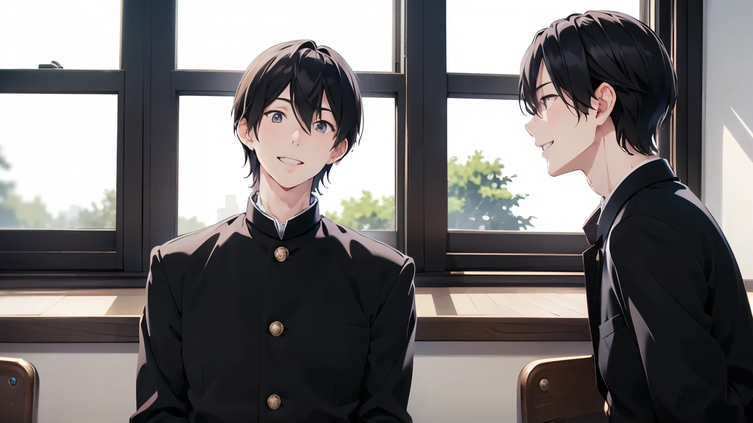Two Japanese men handsome smile In the classroom window 二人共にBlack school run school uniform Black school run boys love cartoon they are average Future Classroom