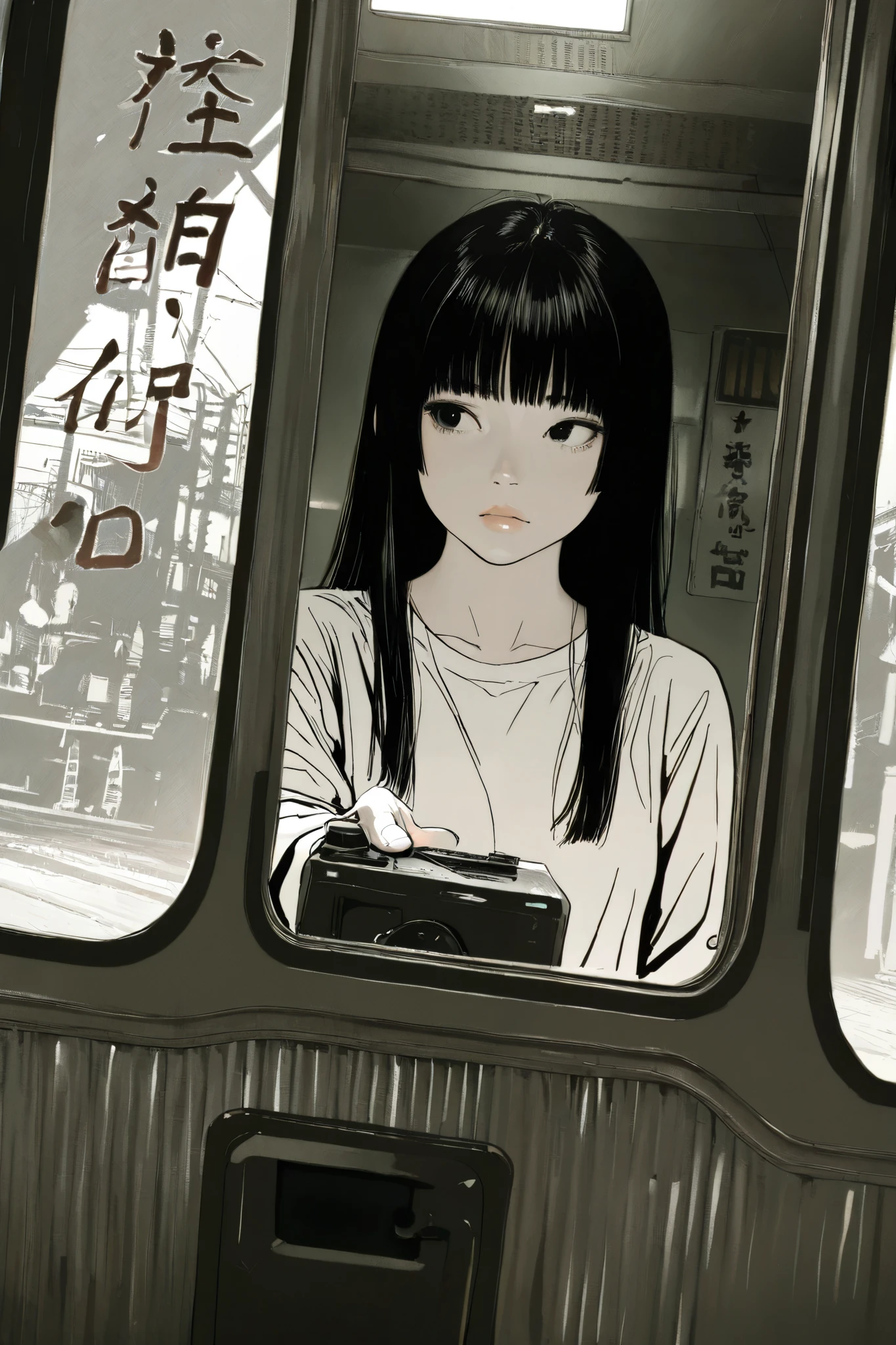 HDR, 8K, high contrast, masterpiece, best quality, amazing quality, very aesthetic, anime artstyle, realistic, newest,
BREAK
bounce light, hyperdetailed, detailed hair strands, detailed fibers,
masterpiece, semi-realism, monochrome, manga, inking, detailed, hyperdetailed,
detailed background, foreshortening, perspective, dynamic angle, very aesthetic, 1girl, standing in station, rounded face, plump lips, realistic proportions, black eyes, hime cut, white shirt, looking to side, 1 point perspective, Japanese signs, japanese street
