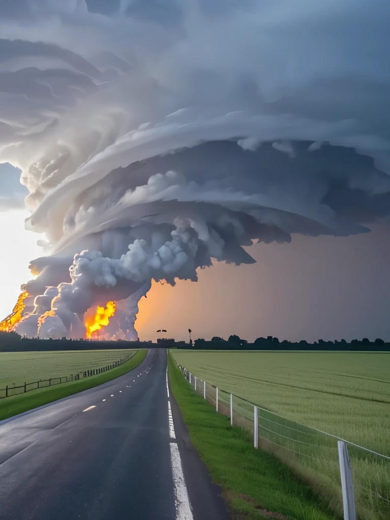(Super detailed), ((highest quality)), (ultra high resolution,8K), (Highly detailed CG integrated 8k wallpaper), A single road across a beautiful, vast plain, Lush, flower, earth, horizon, cumulonimbus, Blue sky