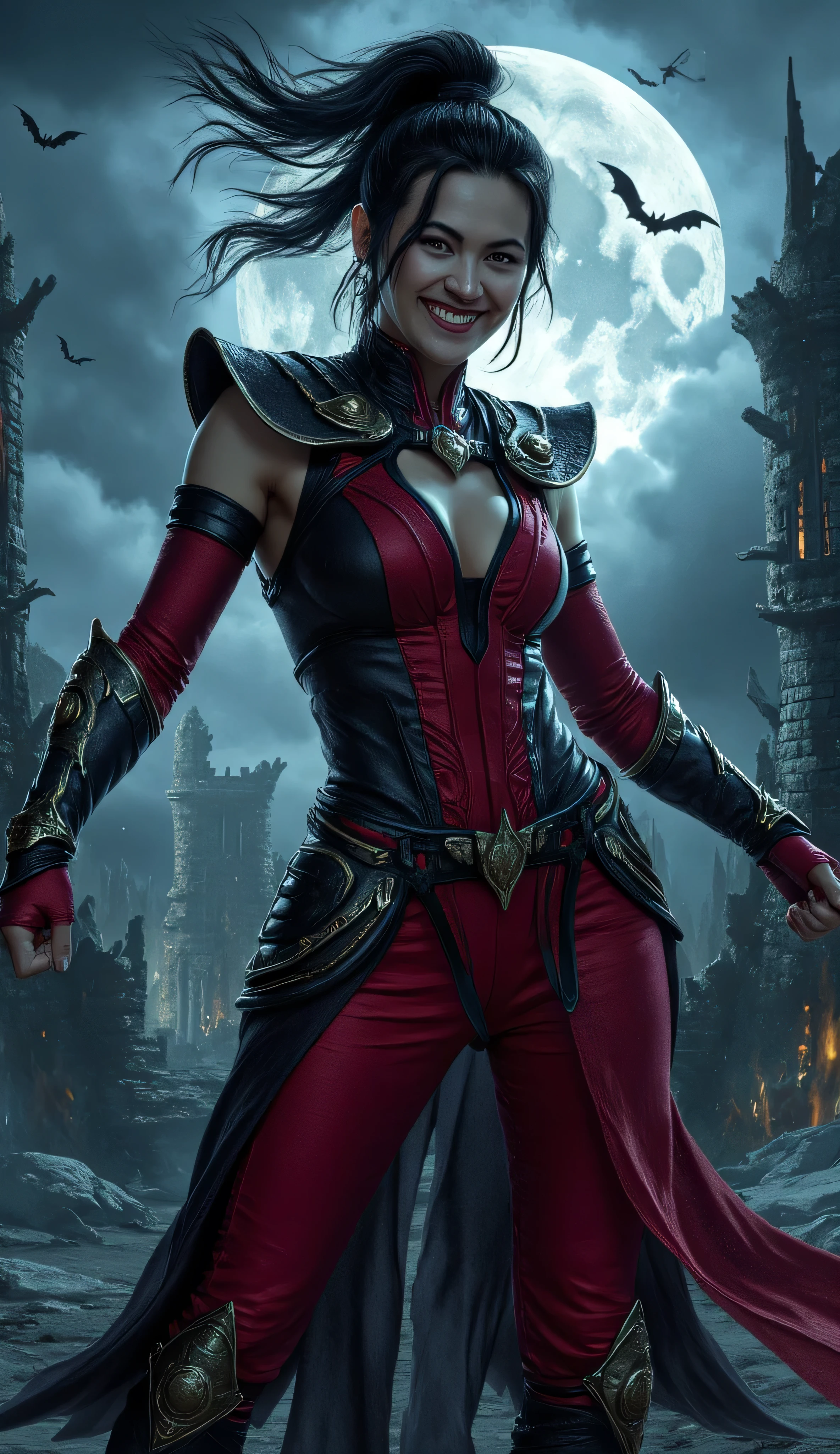 beautiful photograph of a Jessica Henwick as Mileena, fierce warrior, dynamic perspective, power and intimidation, sleek form-fitting battle suit in deep red and black, adorned with intricate armor plates, eyes glow an eerie crimson, slit pupils, sharp monstrous grin, razor-like teeth, long black hair flows wildly in the wind, secured in a high ponytail, stands, ready for battle, fists clenched, moonlight, dramatic glow, dark ruined fortress, bats flying, full moon, ominous supernatural atmosphere, anime art style, dark fantasy, striking lighting, cinematic composition, w4rh4mm3r style oil painting