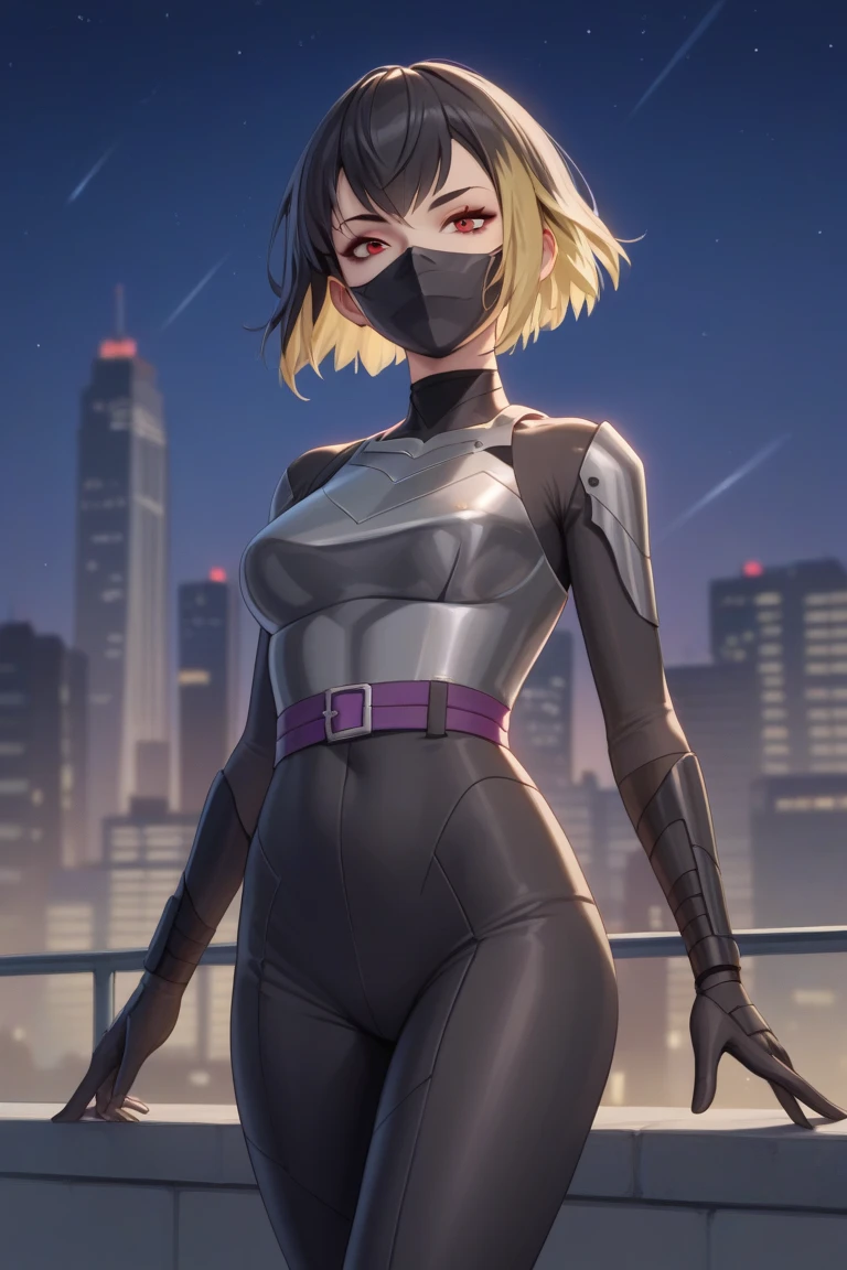 (Very detailed,Highest quality,4K,8K,High resolution,masterpiece:1.2),(Perfect hands,Perfect Legs),(Realistic,photoRealistic,photo-Realistic:1.37),One Woman,Nagant,Calm expression,Beautiful Face,(((Purple red medium hair))),
((Black sleeveless wetsuit top)),((Black long skirt)),(((Silver leggings worn from the knee down))),
Beautifully detailed sweat glands,Smooth skin texture,Carefully drawn,(Big Breasts),Sticky with sweat,In a sexy pose,
My Hero Academia,Outdoor,rooftop,night,