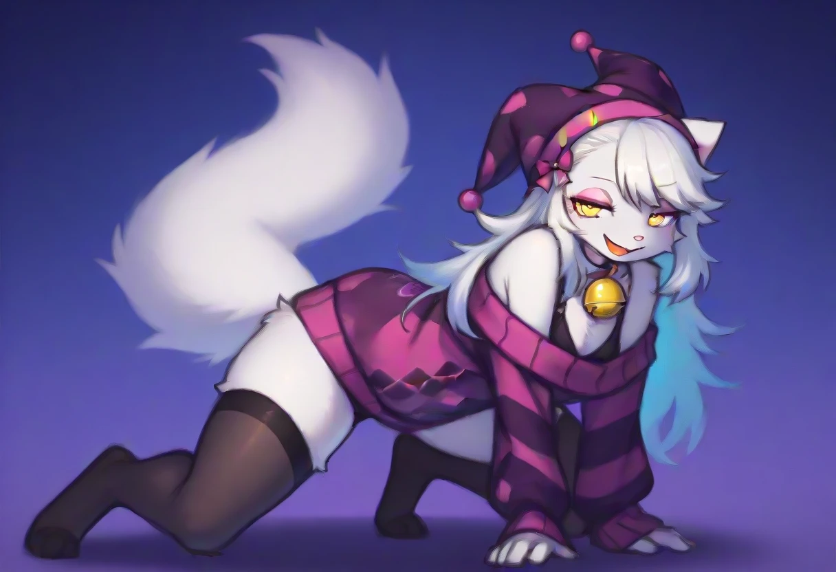 Furry, Furry dragon (anthro), cute fur, eyes black, god of eyes, gray witch hat with black bow, fur all over belly and thigh, artwork, detailded, Perfect artwork, (VOLUMOUS WHITE fur ON THE NECK), White dragon's tail, Kemono, wearing glasses without rounded lenses, cute thighs, shiny thigh, gray striped silk socks, and black, black and gray striped silk gloves, detailed crotch, no clothing, dragon horns, olhando para traz, back to screen