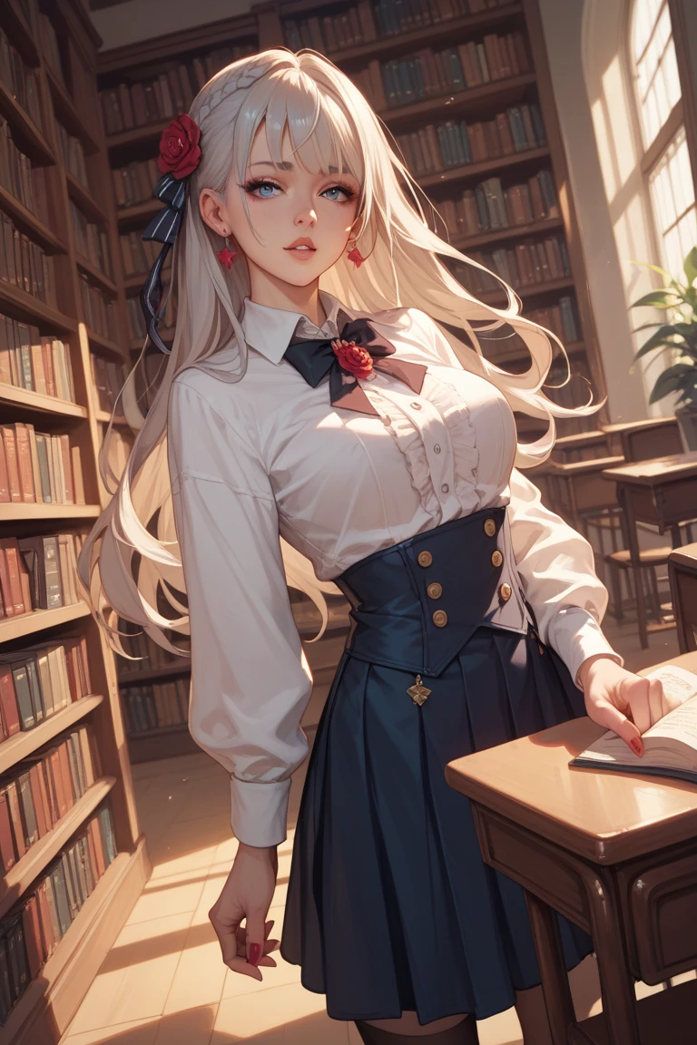 ((masterpiece, best)),(1girl),((mature woman)), light pink hair, dizzy, trumpet, ((office lady)), bangs, mid-chest, (full), slim, smiling, [wide hips] ,office,standing, aru \(blue archive\),