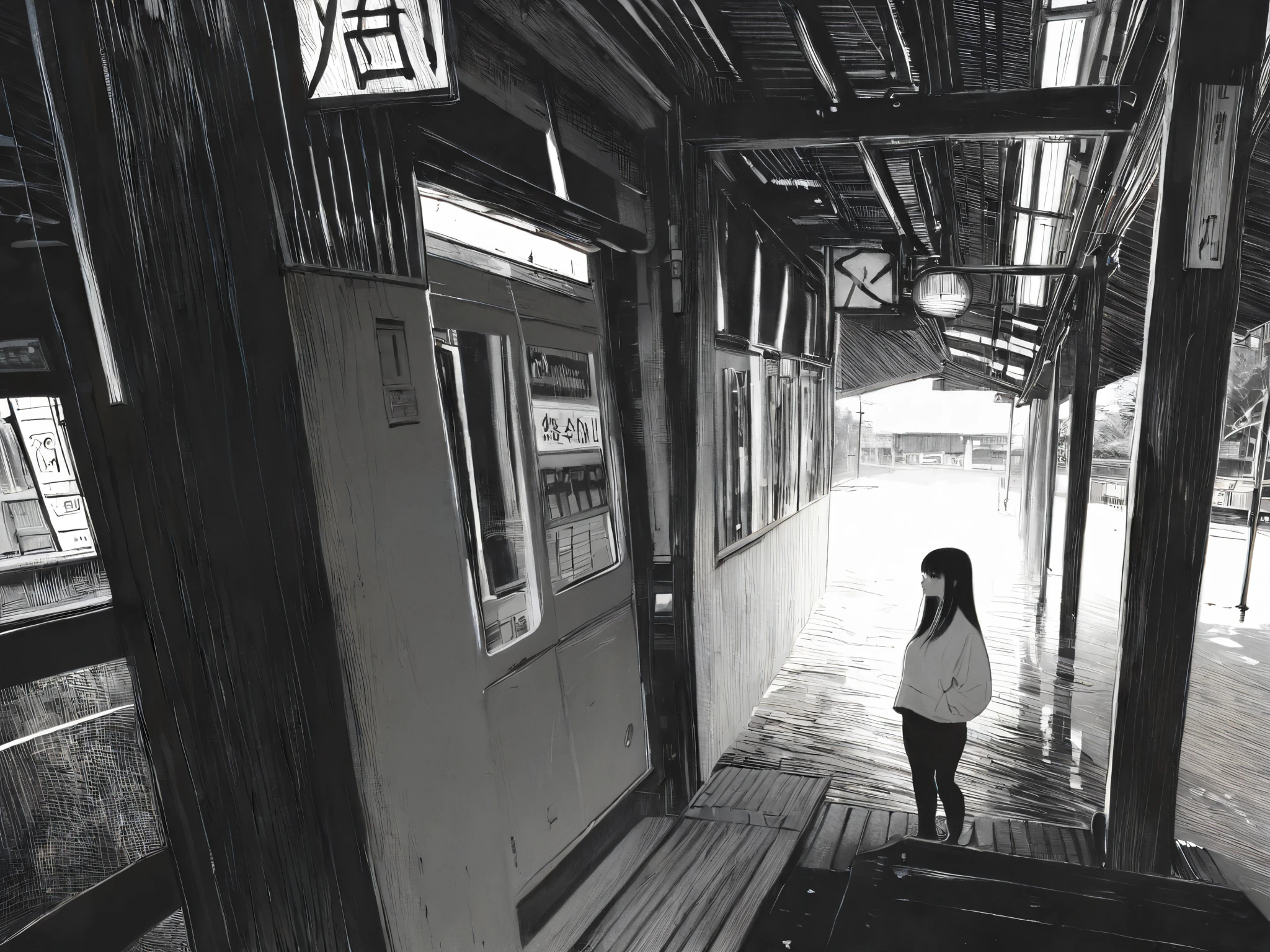 HDR, 8K, high contrast, masterpiece, best quality, amazing quality, very aesthetic, anime artstyle, realistic, newest,
BREAK
bounce light, hyperdetailed, detailed hair strands, detailed fibers, greyscale,
masterpiece, semi-realism, monochrome, manga, inking, detailed, hyperdetailed,
engraving artstyle, hatching /texture/, contour lines, monchrome, greyscale, masterpiece.hyperdetailed, absurdres, detailed background, foreshortening, perspective, dynamic angle, very aesthetic, 1girl, standing in station, rounded face, plump lips, realistic proportions, black eyes, hime cut, white shirt, looking to side, 1 point perspective, Japanese signs, Japanese street