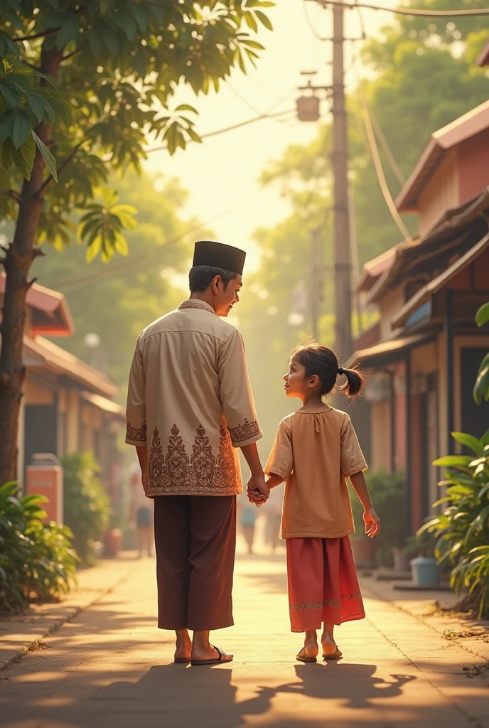 realistic little boy in realistic leather wearing a cap, sarong, white short sleeve shirt, flip-flops  & Muslim girl wearing blue hijab, flip-flops, in front of the wooden house it was quiet, they both look friendly, the hazy morning atmosphere gives a dynamic and colorful atmosphere to the scene. super detailed image quality,