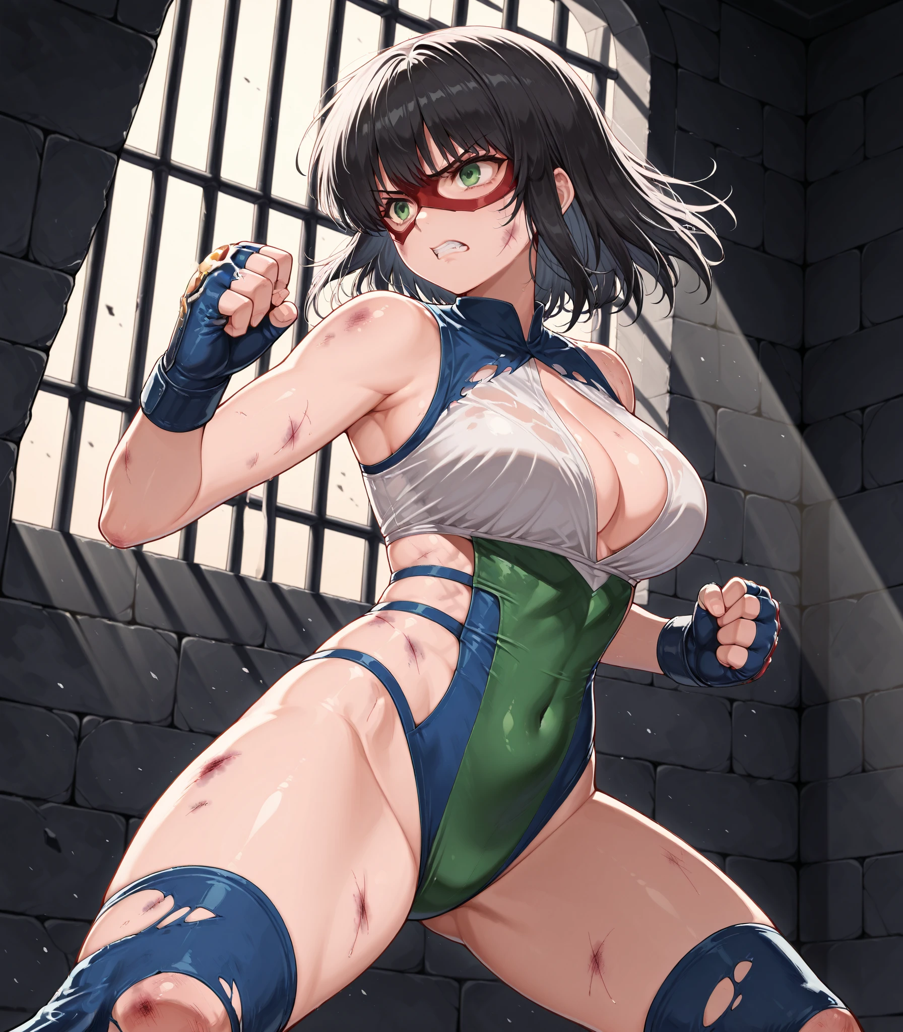 (masterpiece, premium quality: 1.2), alone, strong, 1 girl (Asuka Kazama), with a long ponytail, brown eyes, cruel mistress costume, anxious face, looking at the camera, in a dark basement, cobblestones with an eerie cold atmosphere, big, (((wearing a torn sheer costume))), sexy, white shiny big breasts, big cleavage, copious sweat on the body, blush, chest hollows, tied behind you with a rope, open legs, legs open, chained, big, hands chained up, chained, shackles, shackles, slave collars, chains around the neck, dark fantasy, open legs, M-shaped open legs, tied behind hands with ropes, silver chains, open legs, legs spread, hung with chains, pulled up by chains, crotch open, large and about to spill out of the costume, restraints, slaves, collars, contempt, chain mail bikinis on medieval background,