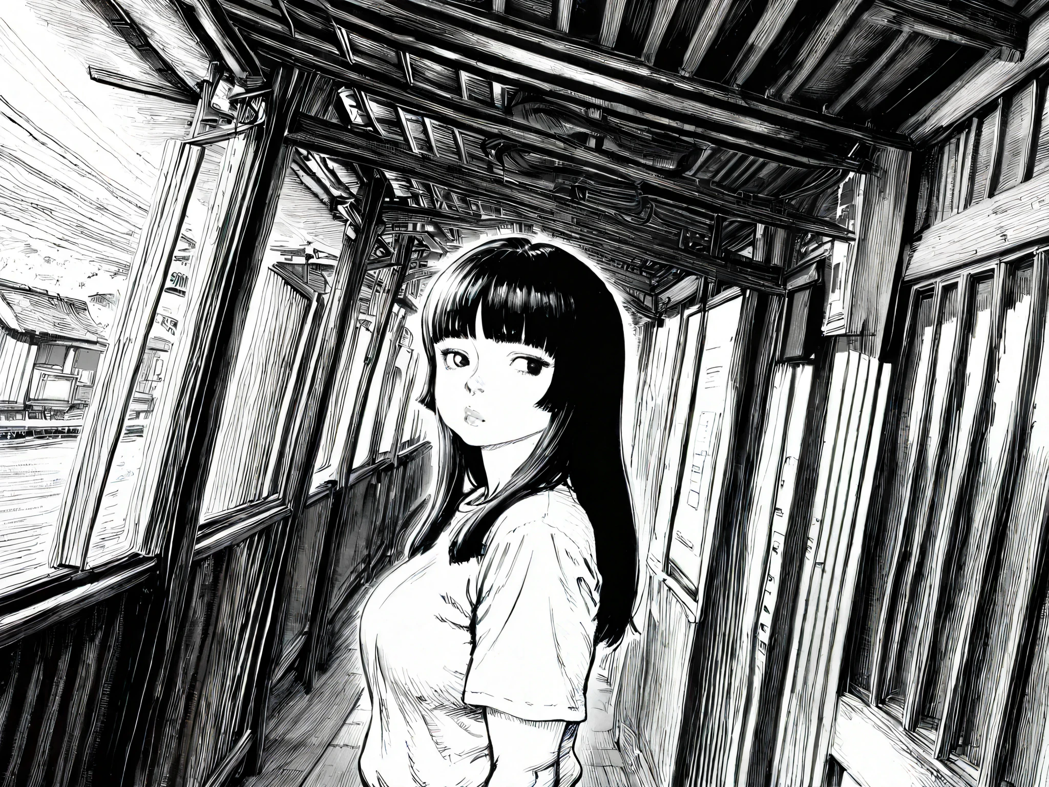 HDR, 8K, high contrast, masterpiece, best quality, amazing quality, very aesthetic, anime artstyle, realistic, newest, 
BREAK
bounce light, hyperdetailed, detailed hair strands, detailed fibers, greyscale,
masterpiece, semi-realism, monochrome, manga, inking, detailed, hyperdetailed,
engraving artstyle, hatching /texture/, contour lines, monchrome, greyscale, masterpiece.hyperdetailed, absurdres, detailed background, foreshortening, perspective, dynamic angle, very aesthetic, 1girl, standing in station, rounded face, plump lips, realistic proportions, black eyes, hime cut, white shirt, looking to side, 1 point perspective, Japanese signs, Japanese street 