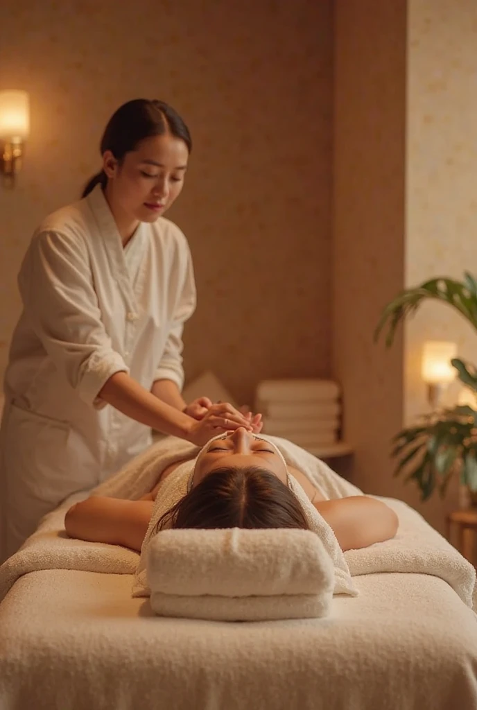 A woman lying face down receiving an oil massage