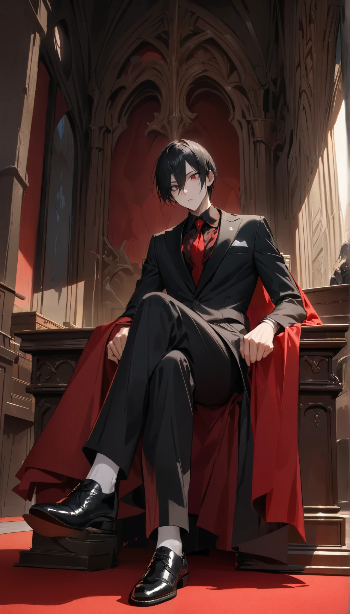 tall, slender young man、 black hair、 sharp eyes、Black luxury suit、sitting cross-legged on a gothic desk、Keep an eye on the audience、Long and narrow room、 red carpet、 Proximity Method、High Resolution, anatomically correct, accurate, highest quality, masterpiece, high detail, very detailed, Japanese anime、Accurate representation of limbs