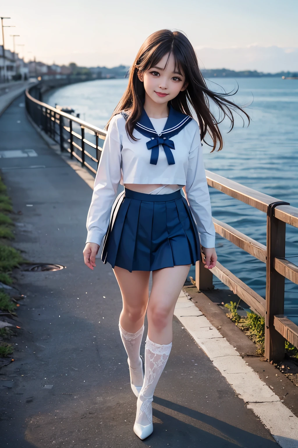 Best quality, full body focus, full body shot, perfect face, soft light, ultra high res, 8k, Masterpiece, , , view the viewer, full body , Front view, (1girl:li:1.5), , Cute face, (blue eys:1.5), (Dark brown Medium hair), beautiful medium breasts, , Beautiful boob, Beautiful finger, Beautiful hands, Beautiful arms, Beautiful feet, Beautiful legs, (high resolution detail of human skin texture) , ((white long sleeves sailor uniform, white pleated skirt, knee-high socks, white with lace trim, white pin high heels)), , Spring Lake Side,, , (( Walking, , smiling, nose blush) , )) , ,score_9, solo, no bra, no panties, ,