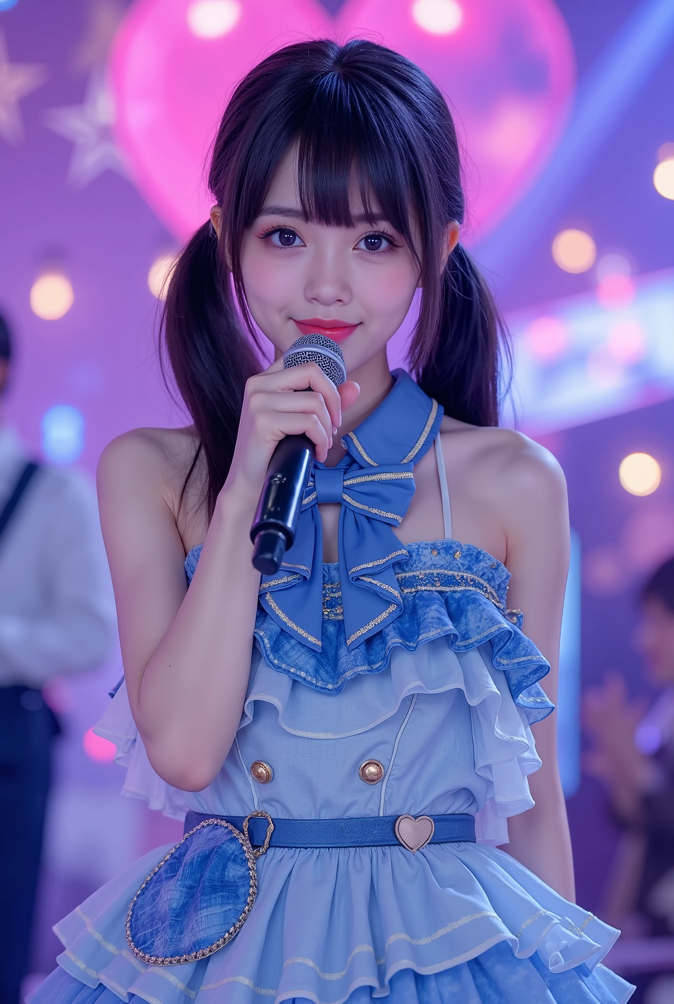 (extremely detailed, score_9, score_8_up, score_7_up, very detailed, detailed, sharp focus, 8K UHD), Realistic full-body photo of a ite and very young Japanese woman, ((full outfit visible, slender legs visible))), big smile, detailed facial features, detailed eye expression, big eyes with double eyelids, thick lips, black hair, black student, idol singer wearing ruffled blue-based stage outfit singing on stage with microphone in hand, (((holding microphone in left hand))), backing band behind her, vivid and colorful lighting, adorable stage dotted with hearts, very fantastical, depth of field photo, neatly trimmed pigtails, looking at the viewer.