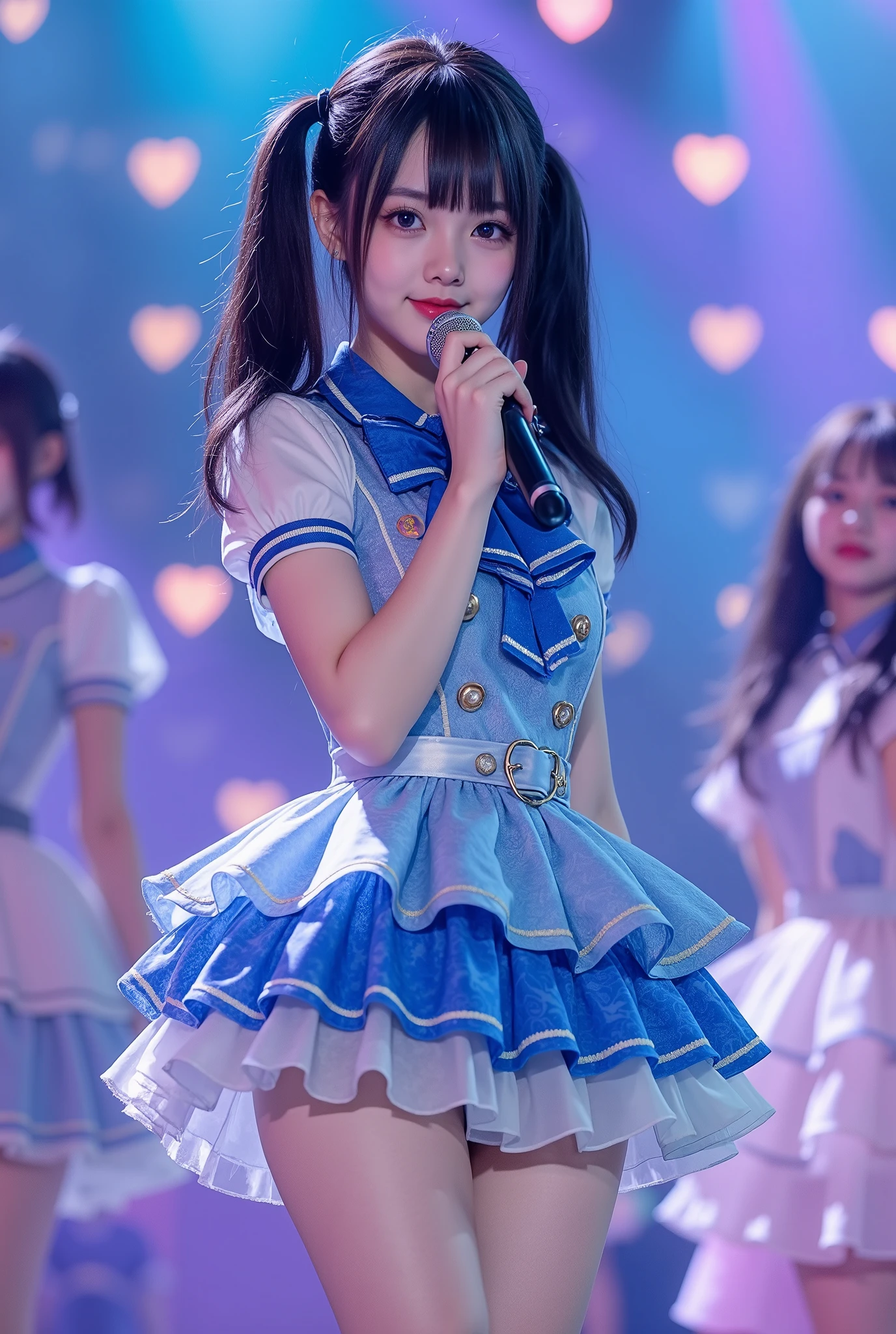 (extremely detailed, score_9, score_8_up, score_7_up, very detailed, detailed, sharp focus, 8K UHD), Realistic full-body photo of a ite and very young Japanese woman, ((full outfit visible, slender legs visible))), big smile, detailed facial expression, detailed eye expression, big eyes with double eyelids, thick lips, black hair, black student, idol singer wearing ruffled blue-based stage outfit singing on stage with microphone in hand, (((holding hand microphone in right hand))), members of idol group behind her, vivid and colorful lighting, adorable stage dotted with hearts, very fantastical, depth of field photo, neatly trimmed pigtails, looking at the viewer.
