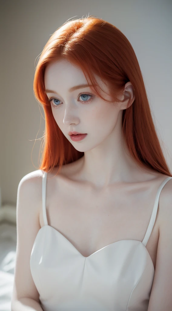 Young Lily Cole, tick tock model, detailed eyes, detailed facial features, white shirt, unbuttoned buttons, looks at the viewer, pale skin, detailed skin, slender body, extreme detailed, bedroom, red hair, super long hair, very large eyes, mouth opening, tongue showing, teenager, indoors, on the bed, studio light, semi-darkness, raw photo, iphone photo, top shot.