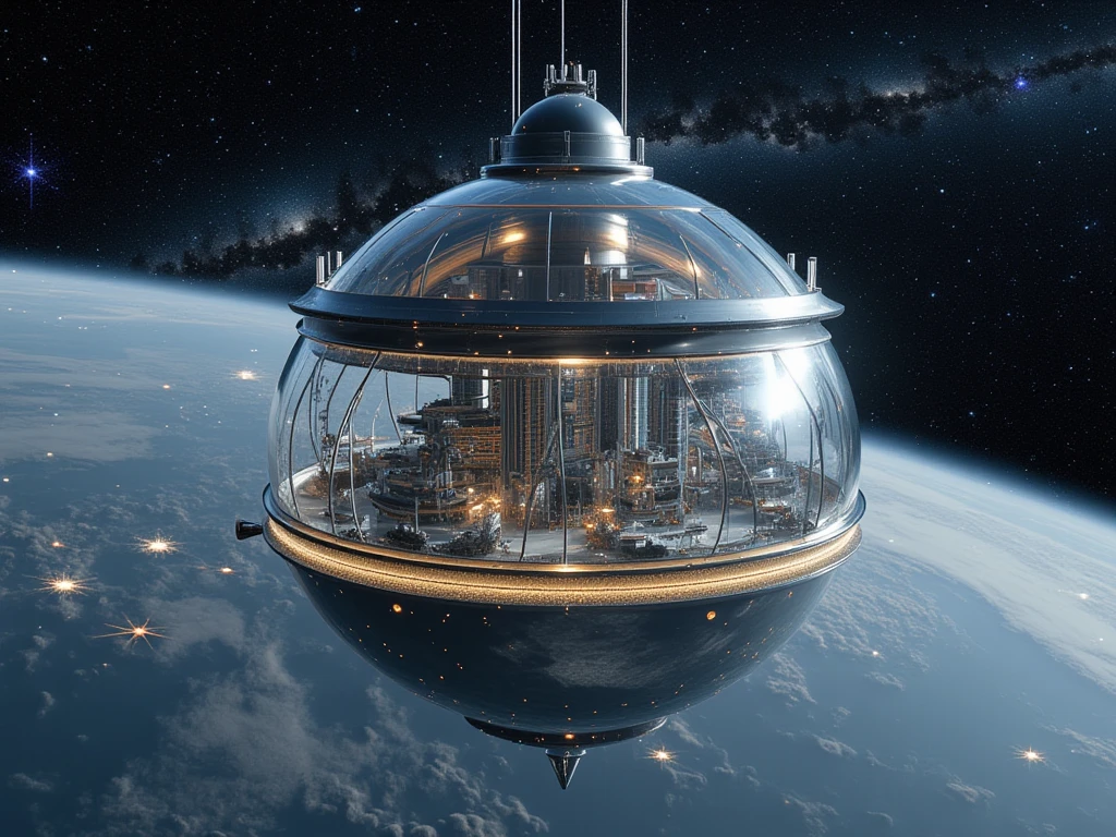 a world where earth is too full for human, the apes are migration to outer space, making a space colony on the earth orbit, a picture of a floating city in a silver metal sphere shape, and a glass cover, the city of apes, with buildings and apartments inside the city, seen behind is earth, and deep space with milky way galaxy, delicate, amazing quality, perfect aesthetic image. combining between documentary and sci-fi movie scene, volumetric lighting.