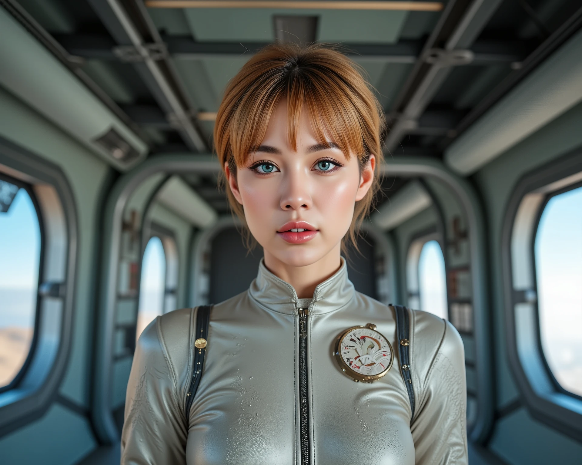 Futuristic Space Voyage Image, subject is a unique female character, modeling pose, short tousled light auburn hair with highlights, ice-blue eyes in a perfect almond shape, evocative makeup, false eyelashes, stylish eye liner, smoky eye shadow, arched eyebrows, matching lipstick, wearing a weathered composite space uniform, standing in the hallway of a space dock, looking out at the vastness of space through side portals. industrial colors, highly detailed. face is illuminated, golden ratio composition, (cool tone:1.2) (golden hour:1.1) (blurry background1.3)