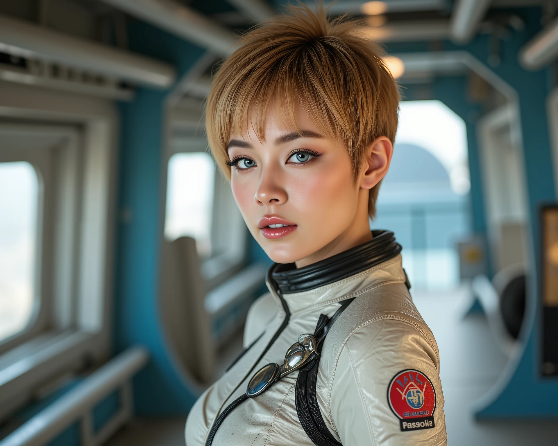 Futuristic Space Voyage Image, subject is a unique female character, modeling pose, short tousled light auburn hair with highlights, ice-blue eyes in a perfect almond shape, evocative makeup, false eyelashes, stylish eye liner, smoky eye shadow, arched eyebrows, matching lipstick, wearing a weathered composite space uniform, standing in the hallway of a space dock, looking out at the vastness of space through side portals. industrial colors, highly detailed. face is illuminated, golden ratio composition, (cool tone:1.2) (golden hour:1.1) (blurry background1.3)