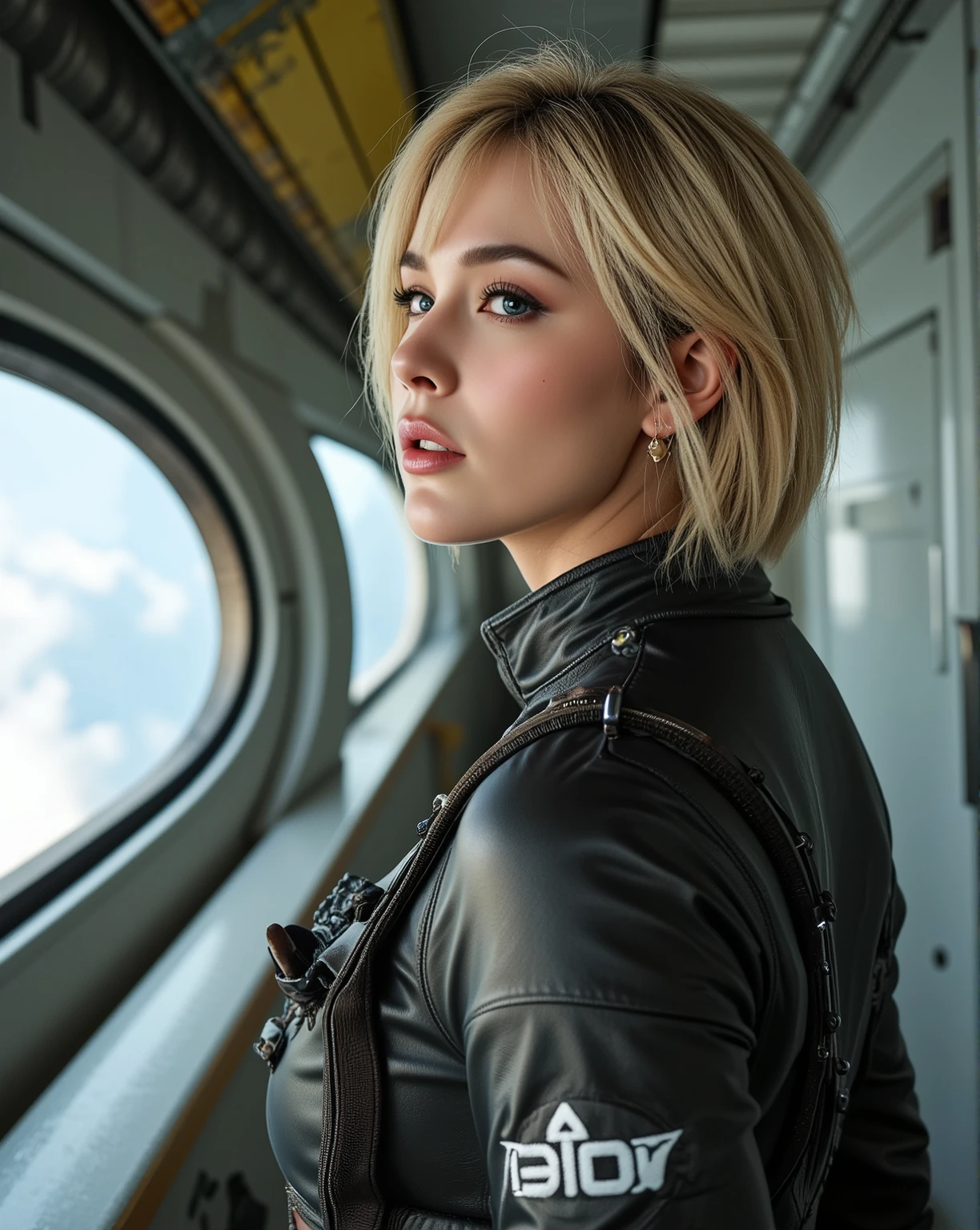 Futuristic Space Voyage Image, subject is a unique female character, modeling pose, short tousled blonde hair, evocative makeup, false eyelashes, stylish eye liner, smoky eye shadow, arched eyebrows, matching lipstick, wearing a weathered composite space uniform, standing in the hallway of a space dock, looking out at the vastness of space through side portals. industrial colors, highly detailed. face is illuminated, golden ratio composition, (cool tone:1.2) (golden hour:1.1) (blurry background1.3)