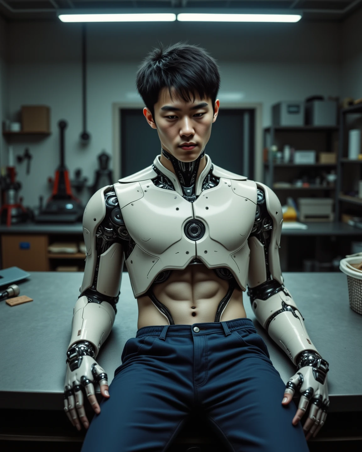 high quality, 1 young male, ((dead, eye closed)), android, hanging, robot torso, damaged, post-apocalypse, broken, cables scattered