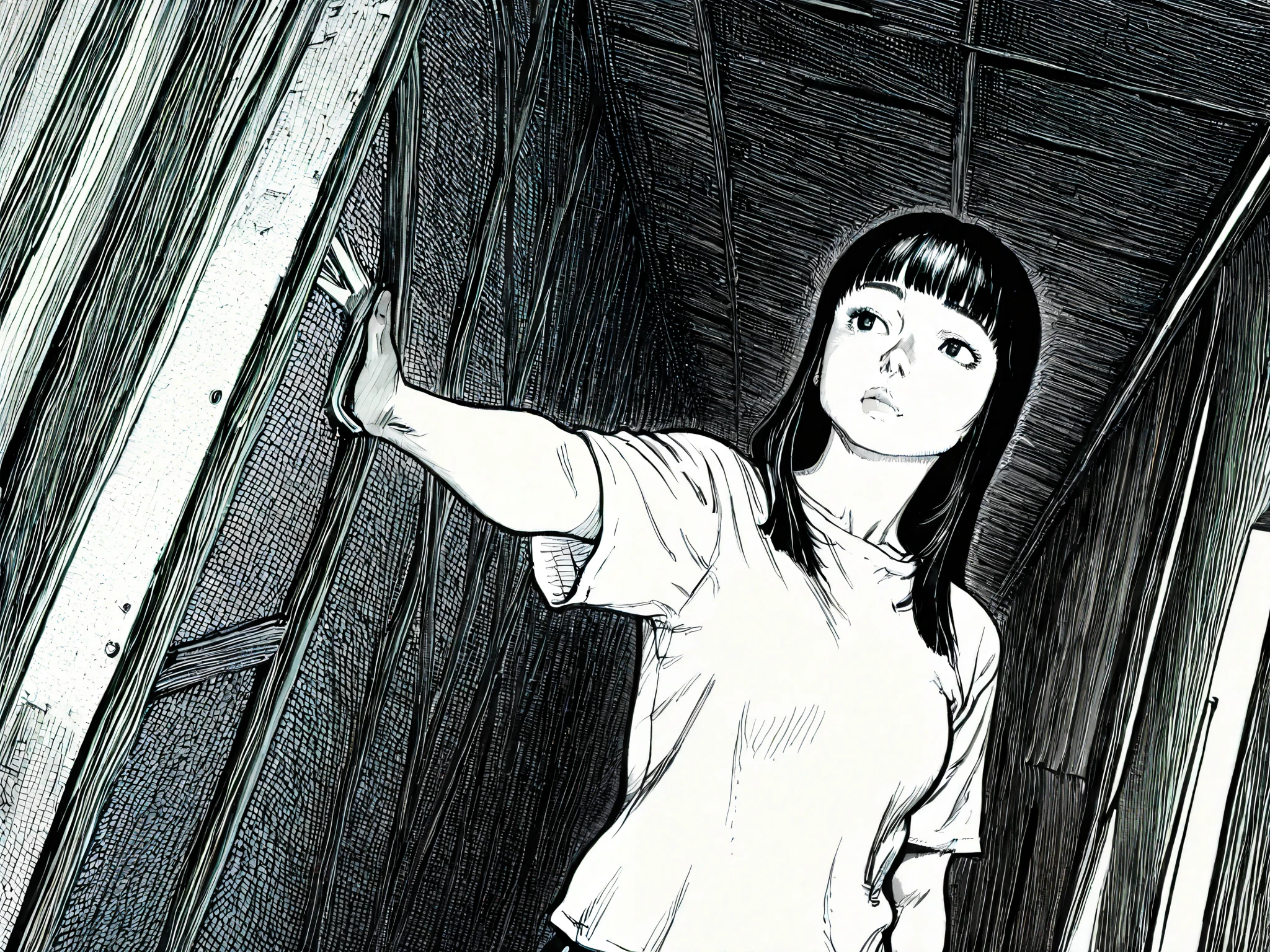 HDR, 8K, high contrast, masterpiece, best quality, amazing quality, very aesthetic, anime artstyle, realistic, newest,
BREAK
bounce light, hyperdetailed, detailed hair strands, detailed fibers, greyscale, (intricate hatching: 1.0)
masterpiece, semi-realism, monochrome, manga, inking, detailed, hyperdetailed,
engraving artstyle, hatching /texture/, contour lines, monchrome, greyscale, masterpiece.hyperdetailed, absurdres, detailed background, foreshortening, perspective, dynamic angle, very aesthetic, 1girl, standing in station, rounded face, plump lips, realistic proportions, black eyes, hime cut, white shirt, looking to side, Japanese signs, Japanese street