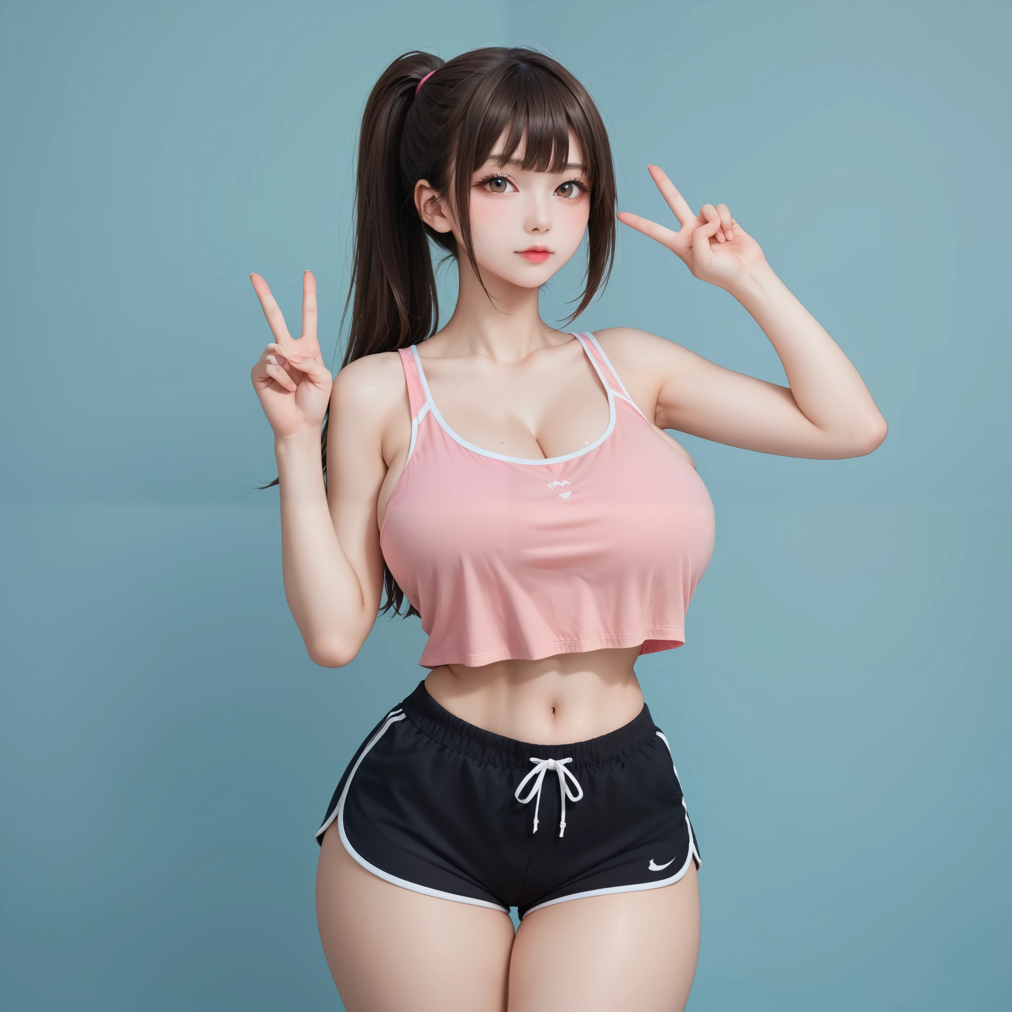 1girl, japanese, solo, short brown hair, ponytail, blunt bangs, brown eyes, gigantic breasts, narrow waist, wide hips, thick thighs, pink tank top, black dolphin shorts, blushed, expressionless, cute, peace sign hand, standing, looking at viewer, simple background, from the front view