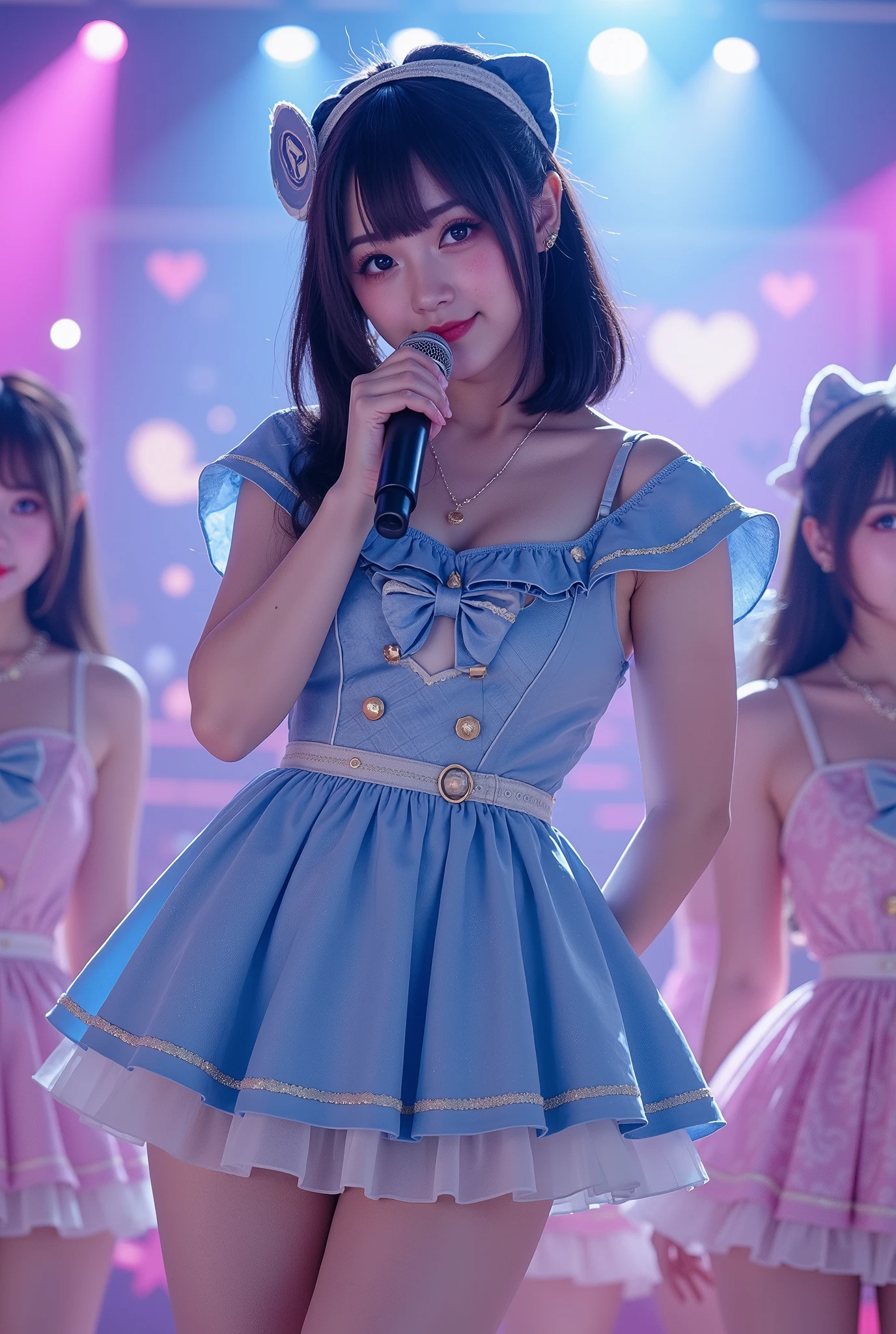 (extremely detailed, score_9, score_8_up, score_7_up, very detailed, detailed, sharp focus, 8K UHD), Realistic full-body photo of a ite and very young Japanese woman, ((Full outfit visible, thick legs visible, chubby woman))), smiling, detailed facial figurine, detailed eye expression, large eyes with double eyelids, thick lips, black hair, black pupils, idol singer wearing ruffled blue-based stage outfit singing on stage with microphone in hand, (((Her right hand is holding a hand microphone))), behind her are members of an idol group, vivid and colorful lighting, a cute stage dotted with hearts, very fantastical, depth of field photo, blunt hime cut hair, looking at the viewer.